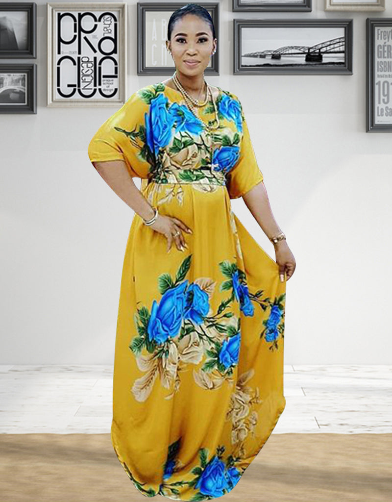 Elegant African Bicolor Floral Print Dubai Abaya Dress for Muslim Women - Modest Islamic Fashion for Prayer, Wedding & Special Occasions