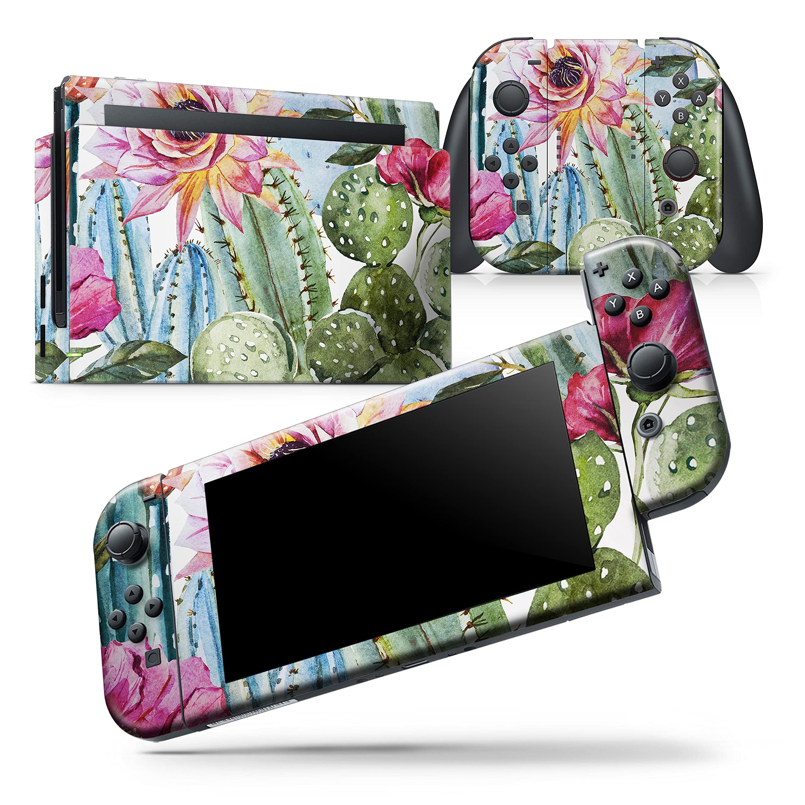Vintage Watercolor Cactus Bloom Nintendo Switch Joy-Con Skin Decal - Scratch-Resistant Removable Vinyl Wrap Cover - Compatible with Nintendo Switch Joy-Con Only - Perfect for Gaming Protection and Customization