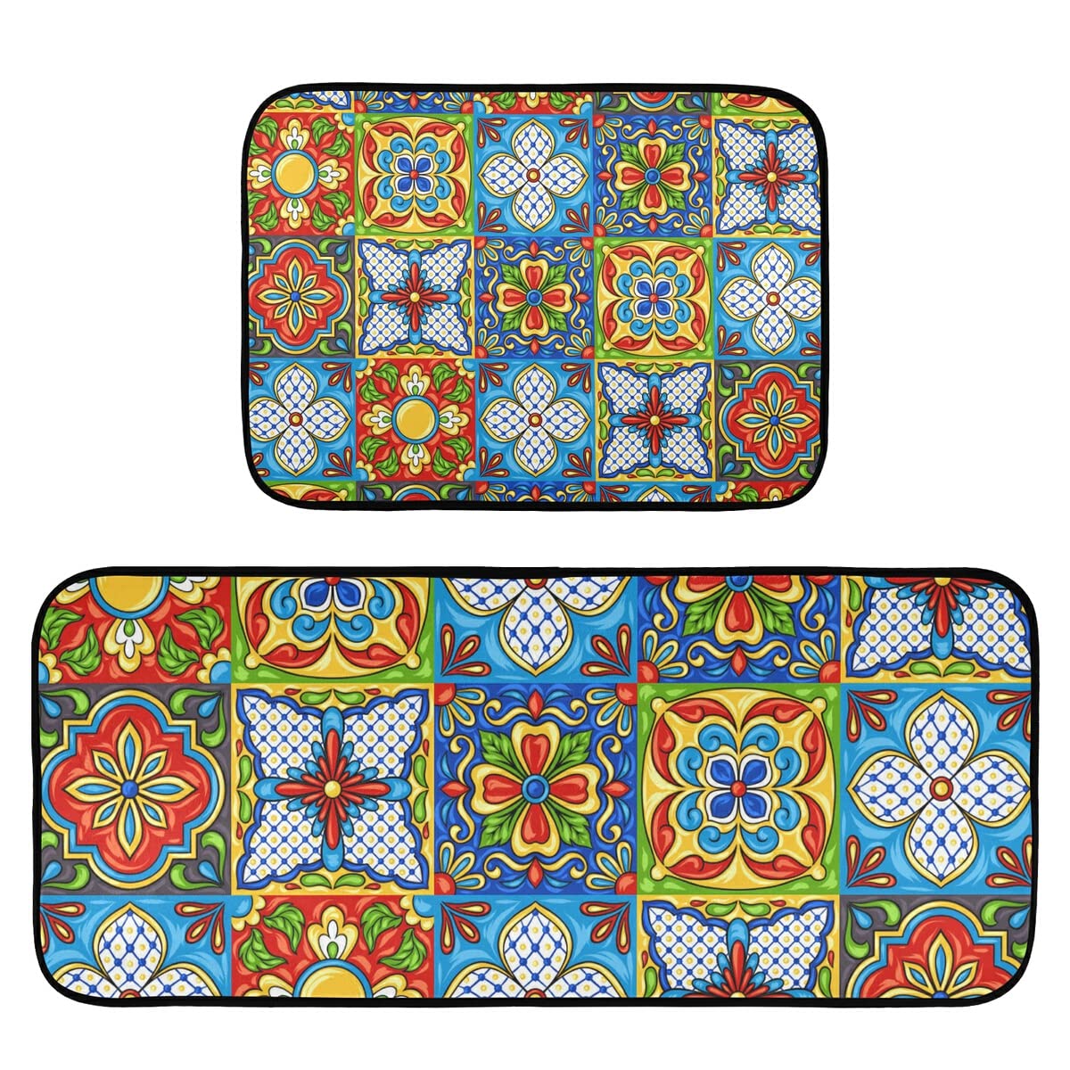 Mexican Talavera Tiles 2-Piece Non-Slip Washable Kitchen Rug Set - Colorful Floor Mats for Kitchen, Home Sink, Laundry & Office | Durable & Stylish Home Decor