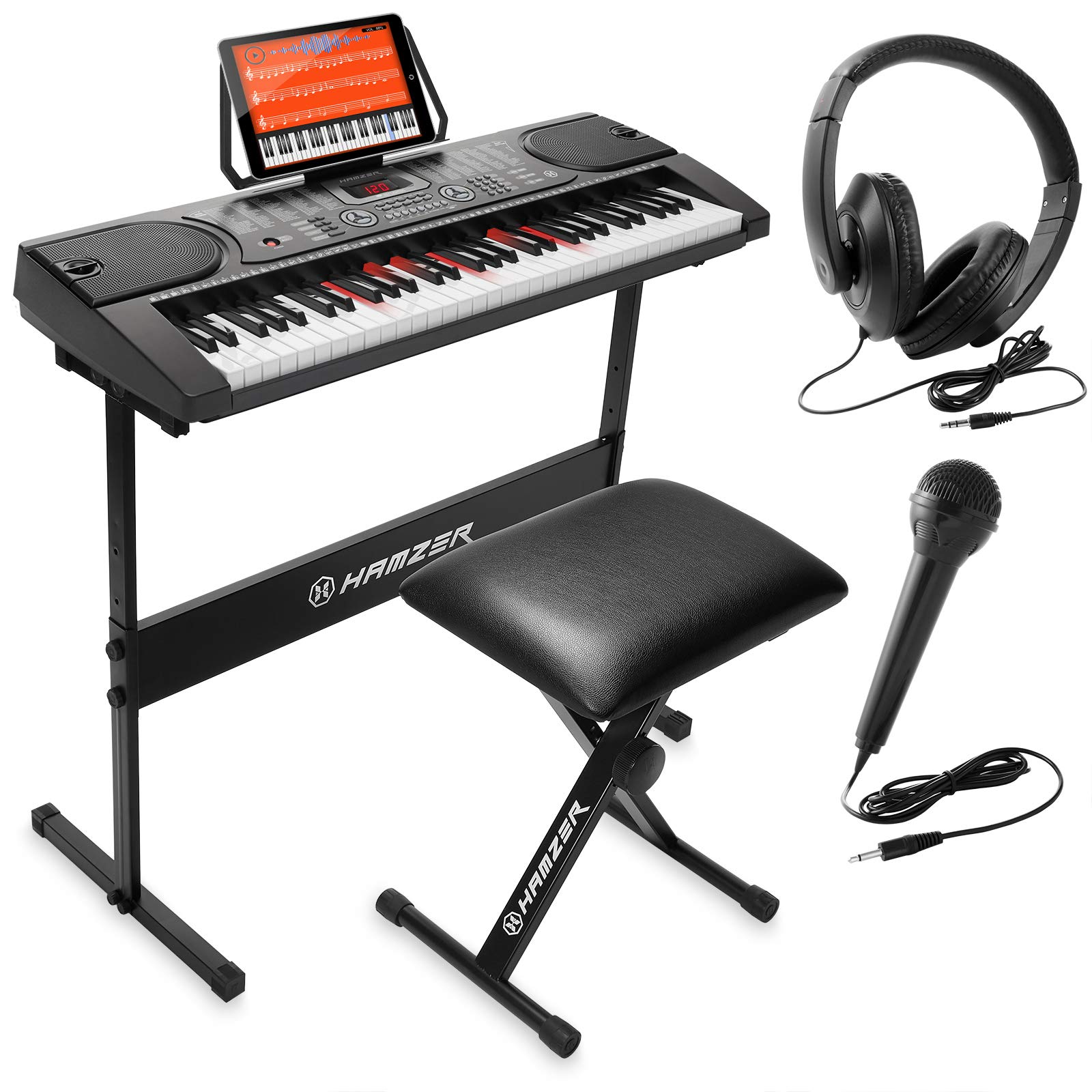 Hamzer 61-Key Portable Electronic Keyboard Piano with LED Lighted Keys, Built-In Speakers, Stand & Bench - Complete Beginner Piano Set for Home Learning & Practice | Perfect for Kids, Adults & Music Enthusiasts