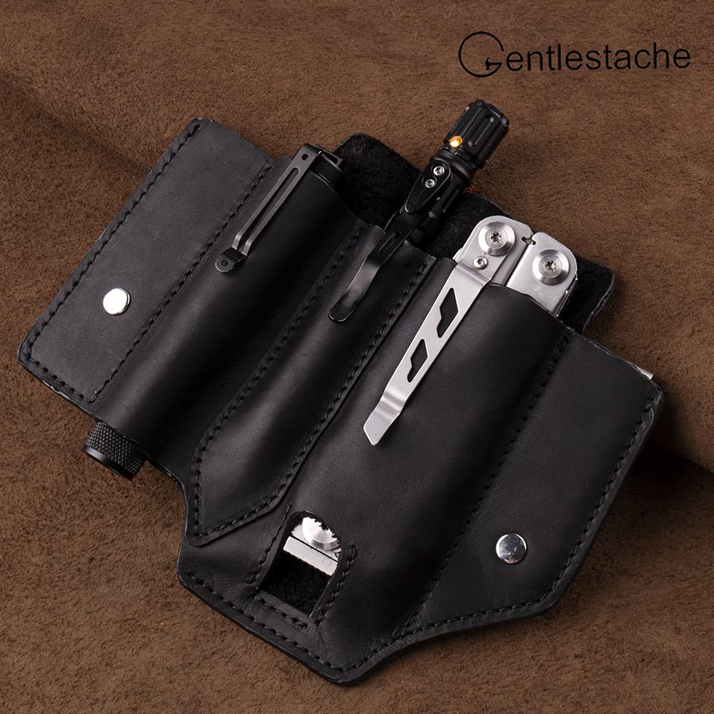 Gentlestache Leather Multitool Sheath Pouch - EDC Belt Holder with Clip for Flashlight & Multitools (Black) - Perfect for Camping, Hiking & Outdoor Adventures
