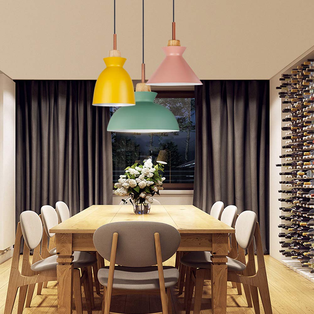 Swag Plug-in Pendant Light with Wooden Handle - 20ft UL Certified Cord with On/Off Dimmer Switch - Macaron Yellow Lampshade Loft Style Lighting for Dining Room, Kitchen Island & Bedroom (Bulbs Not Included)