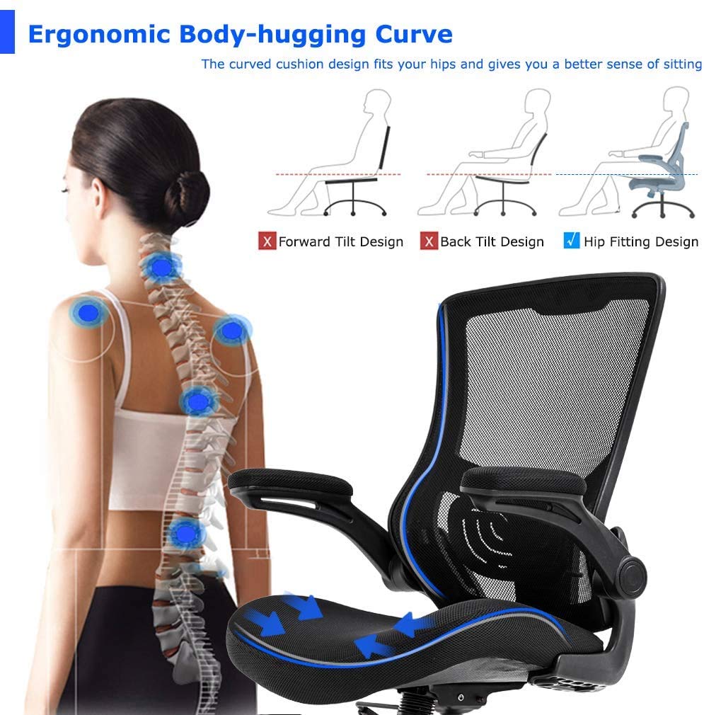 Ergonomic Office Chair with Lumbar Support - Adjustable Height, Flip-Up Arms & Swivel Rolling Design - Mid Back Mesh Computer Desk Chair for Home & Office Use - Perfect for Adults, Men & Women - Black