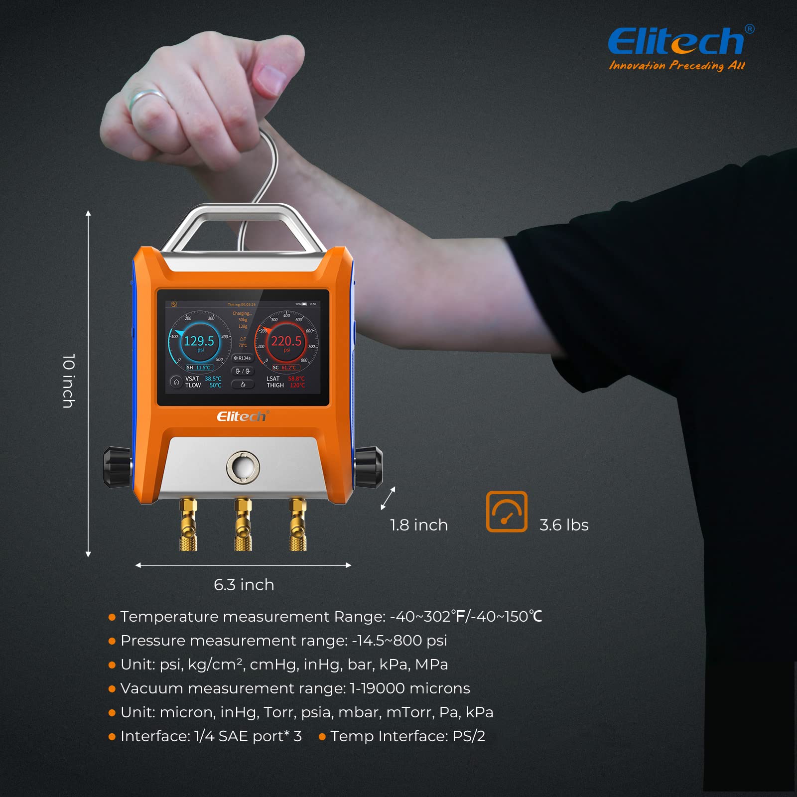 Elitech EMG-20V HVAC Digital Manifold Gauge - 3 Port with Vacuum Sensor for AC Repair