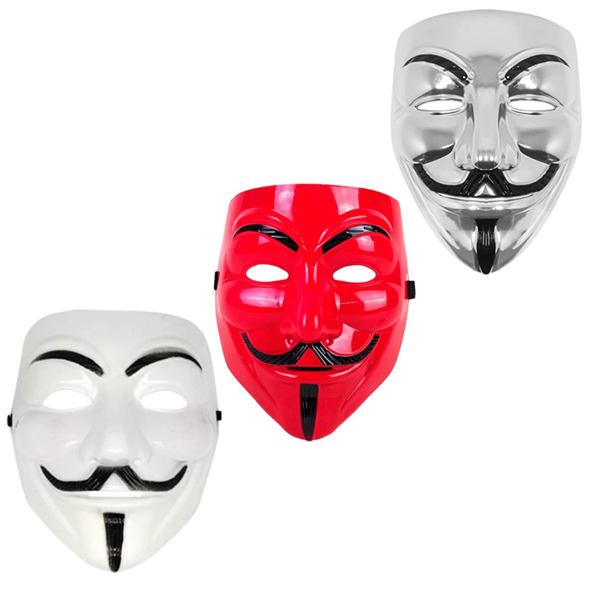 V for Vendetta Face Mask Set of 3 - Sage Square Red, Silver & White Anonymous Cosplay Mask - Perfect Fit Fawkes Mask for Halloween, Protests & Movie Costumes