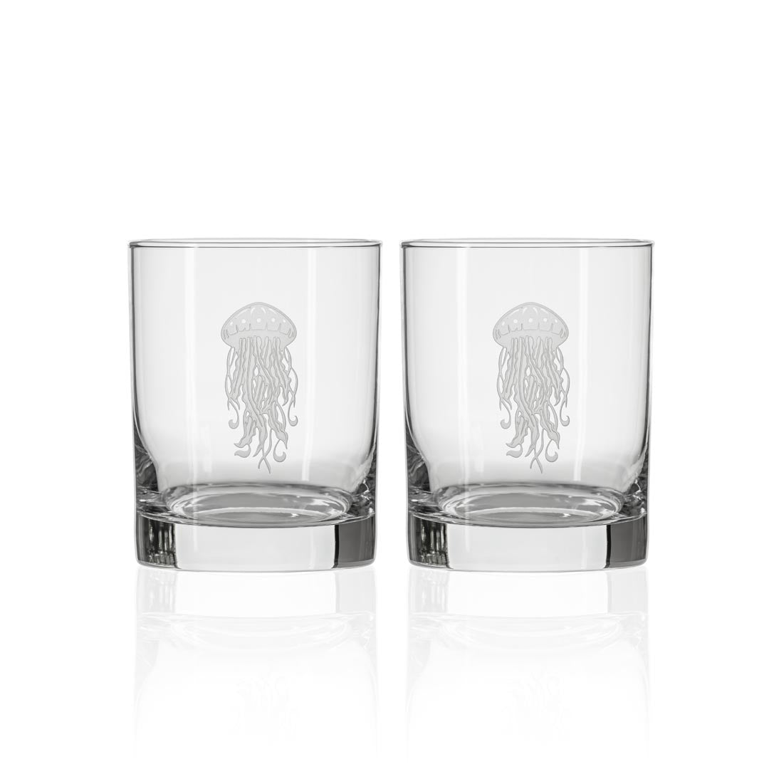 Premium 13oz Double Old Fashioned Whiskey Glasses Set of 2 - Thick Base Crystal Clear Jellyfish Design for Bourbon, Scotch & Cocktails - Perfect for Home Bar, Gifts & Entertaining
