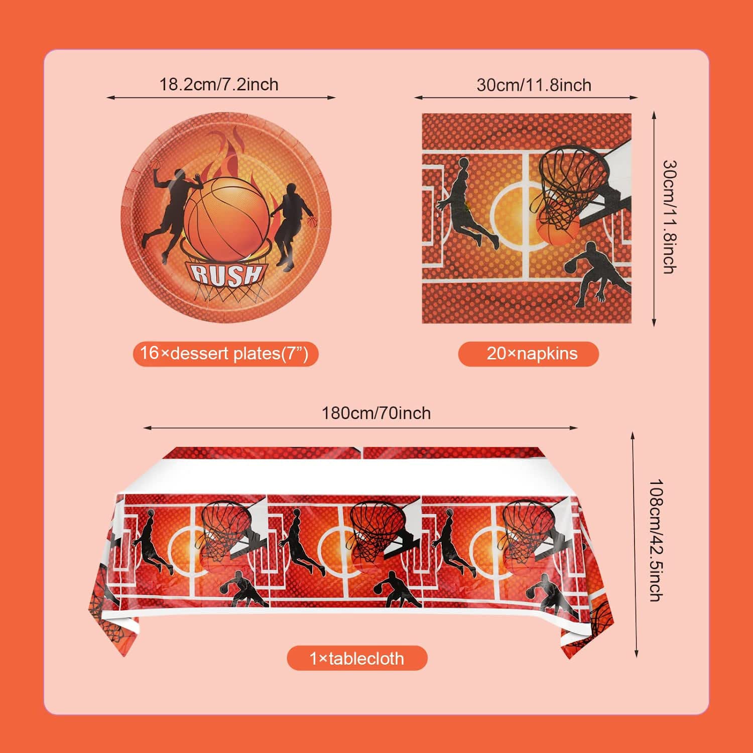 Basketball Birthday Party Decorations Set - 12 Inch Plates, 6.5 Inch Napkins & 54x108 Inch Tablecloth - Sports Theme Party Supplies for Kids, Boys, Teenagers - Perfect for Birthday Celebrations, Game Nights, and Sports Themed Events