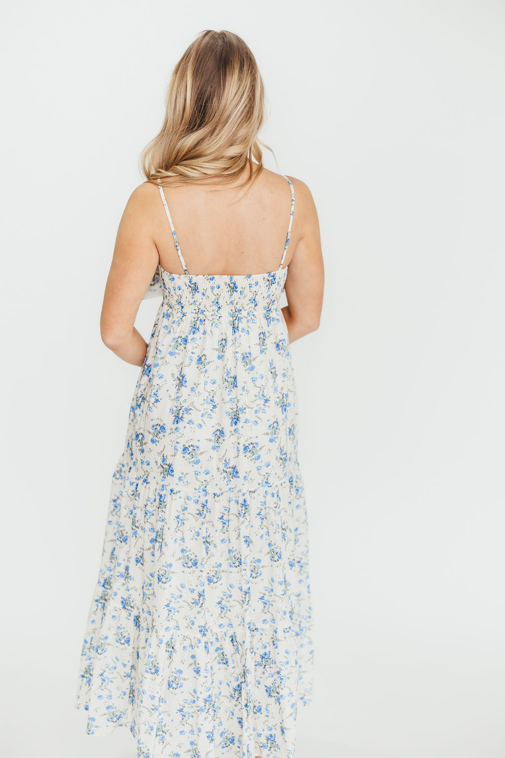 Cecile Women's 100% Cotton Floral Maxi Dress with Bow Front - Cream & Blue Floral Print - Perfect for Summer, Beach, Vacations & Casual Outings