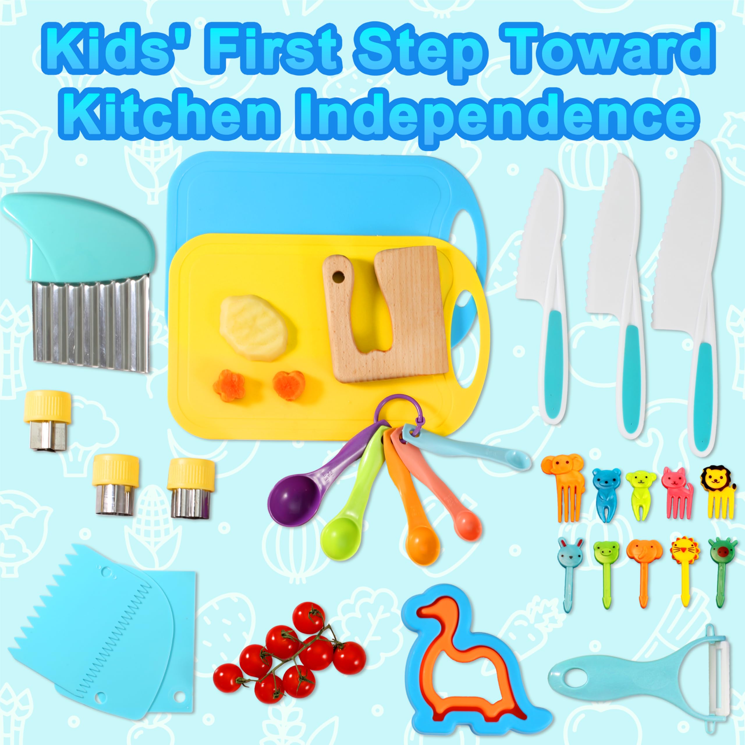 30-Piece Montessori Kids Cooking Set with Safe Knives & Crinkle Cutter - Real Cooking Utensils for Toddlers - Perfect for Early Learning, Kitchen Play & Family Cooking Activities
