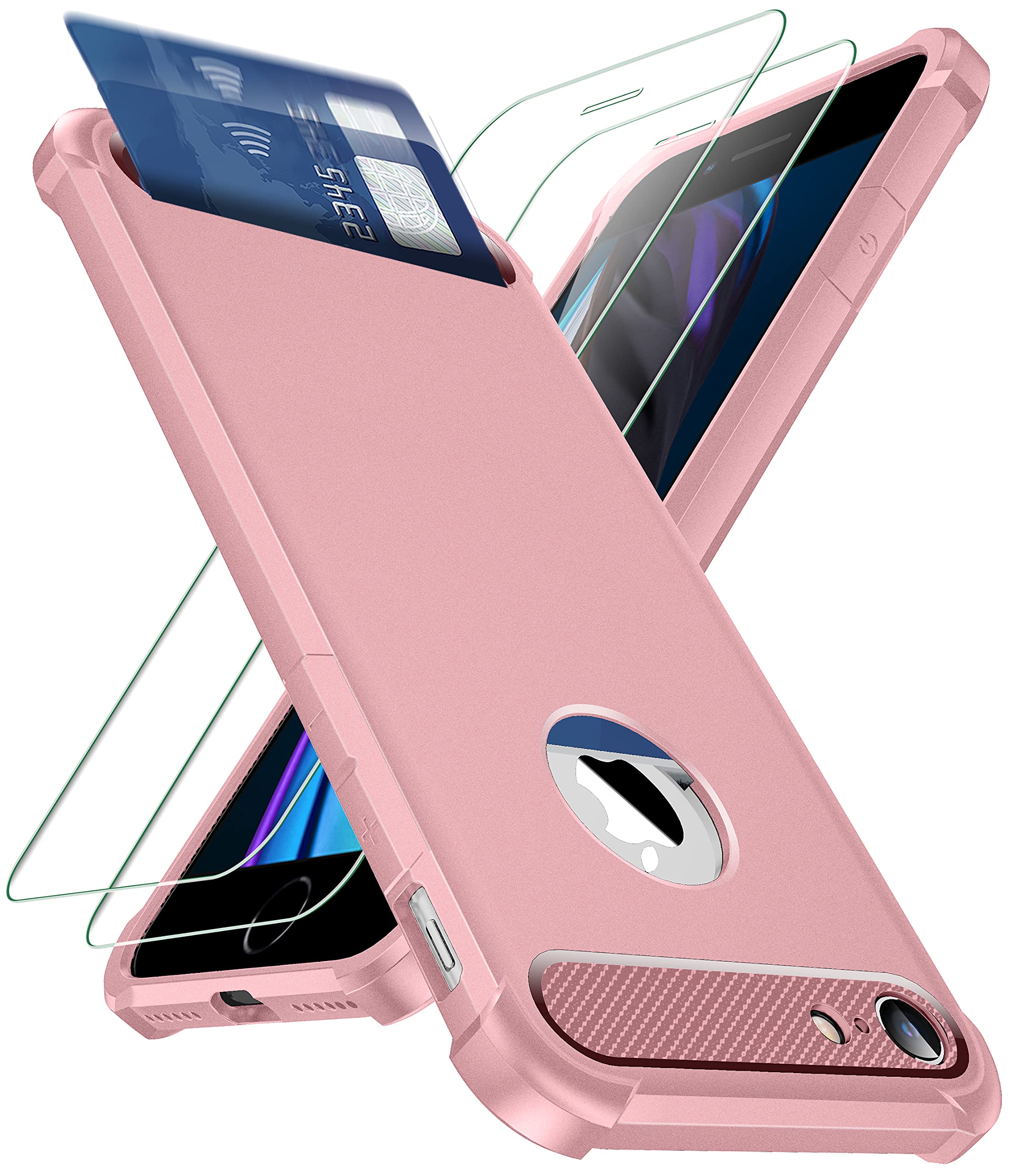 SUPBEC Slim Fit iPhone 8/7 Case with Card Holder - Shockproof Protective Soft Silicone Wallet Case for iPhone 8/7 (Rose Gold) | Includes 2 Screen Protectors | Perfect for Everyday Use, Travel & Business Meetings