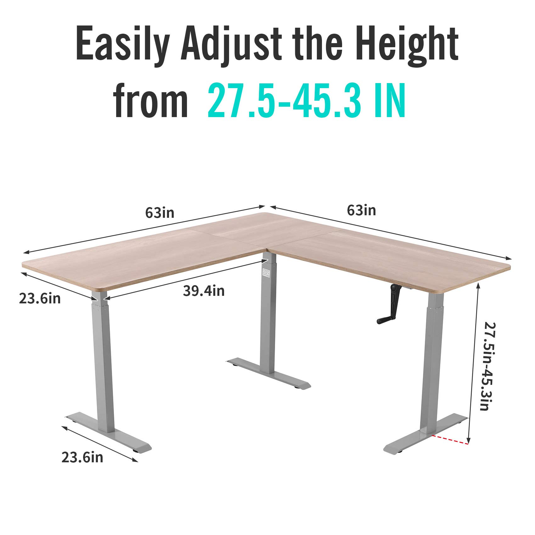 UNICOO L-Shaped Crank Adjustable Standing Desk - Sit to Stand Corner Workstation with Grey Frame & Antique Oak Top | Home Office, Gaming & Study Desk for Ergonomic Workspace