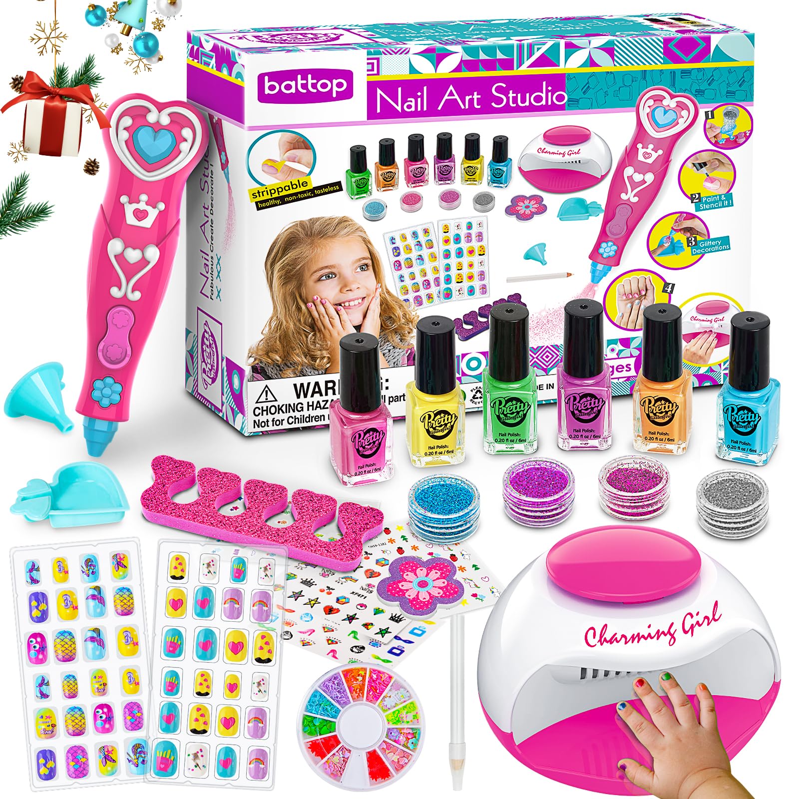 BATTOP Non-Toxic Kids Nail Polish Set for Girls Ages 6-12 - 10 Colors Quick Dry Peel Off Nail Art Kit with Nail Dryer & Glitter Pen | Safe Christmas Birthday Gift for Girls | Perfect for DIY Nail Art, Parties & Playdates