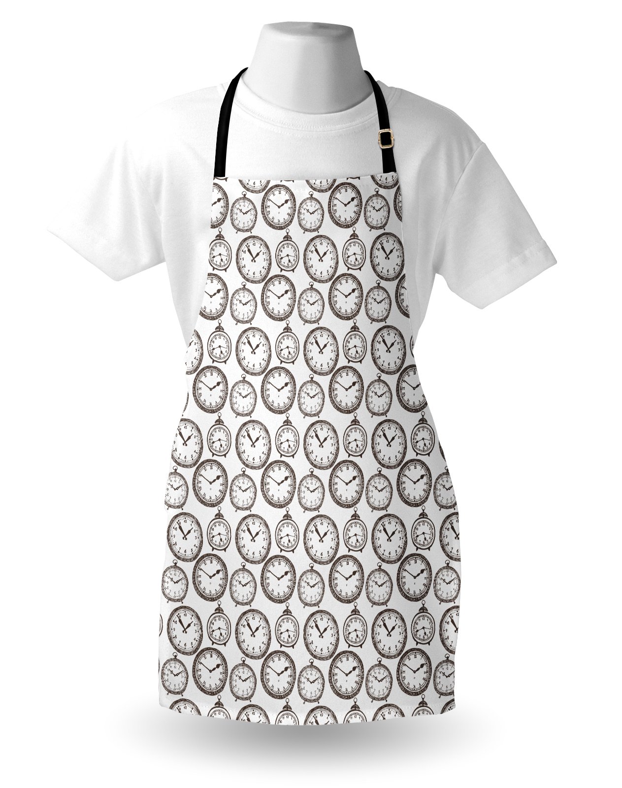Lunarable Vintage Pocket Watch Design Kitchen Apron - Adjustable Unisex Bib for Cooking, Baking, Gardening - Brown & White Abstract Chronometer Print - Perfect for Home Chefs & DIY Enthusiasts