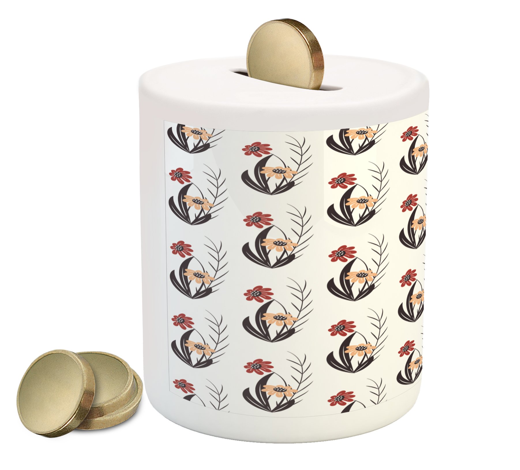 Ambesonne Floral Ceramic Piggy Bank - Spring Garden Theme with Orange & Red Flowers - Money Saving Coin Bank for Kids & Adults - Perfect for Birthday Gifts, Home Decor, and Savings Goals