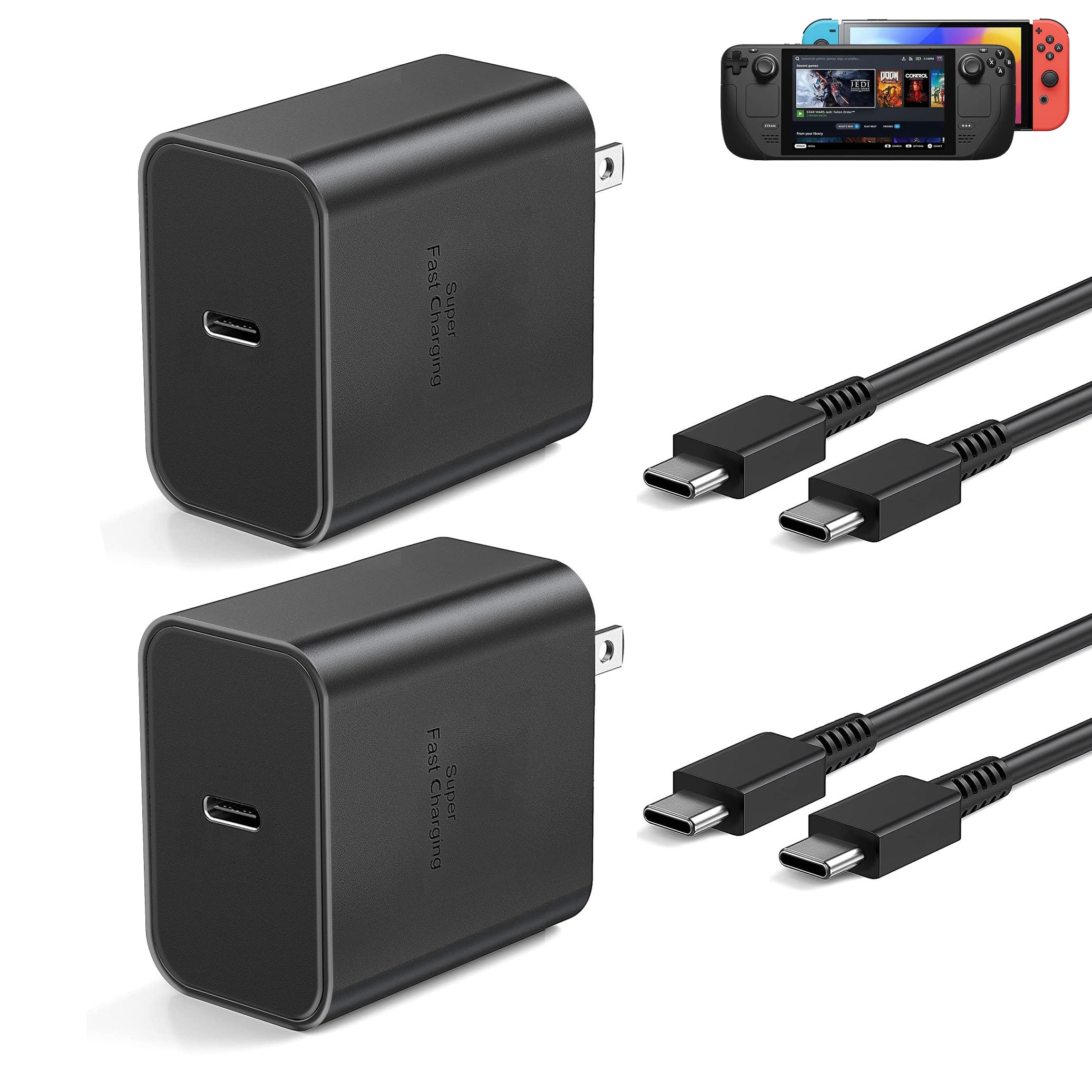 2-Pack USB-C Fast Charger for Nintendo Switch, Steam Deck, Switch OLED, PS5 & Xbox Controllers - PD 3.0 Power Adapter with 5FT Type-C Cable - Perfect for Gaming Sessions & Travel Charging