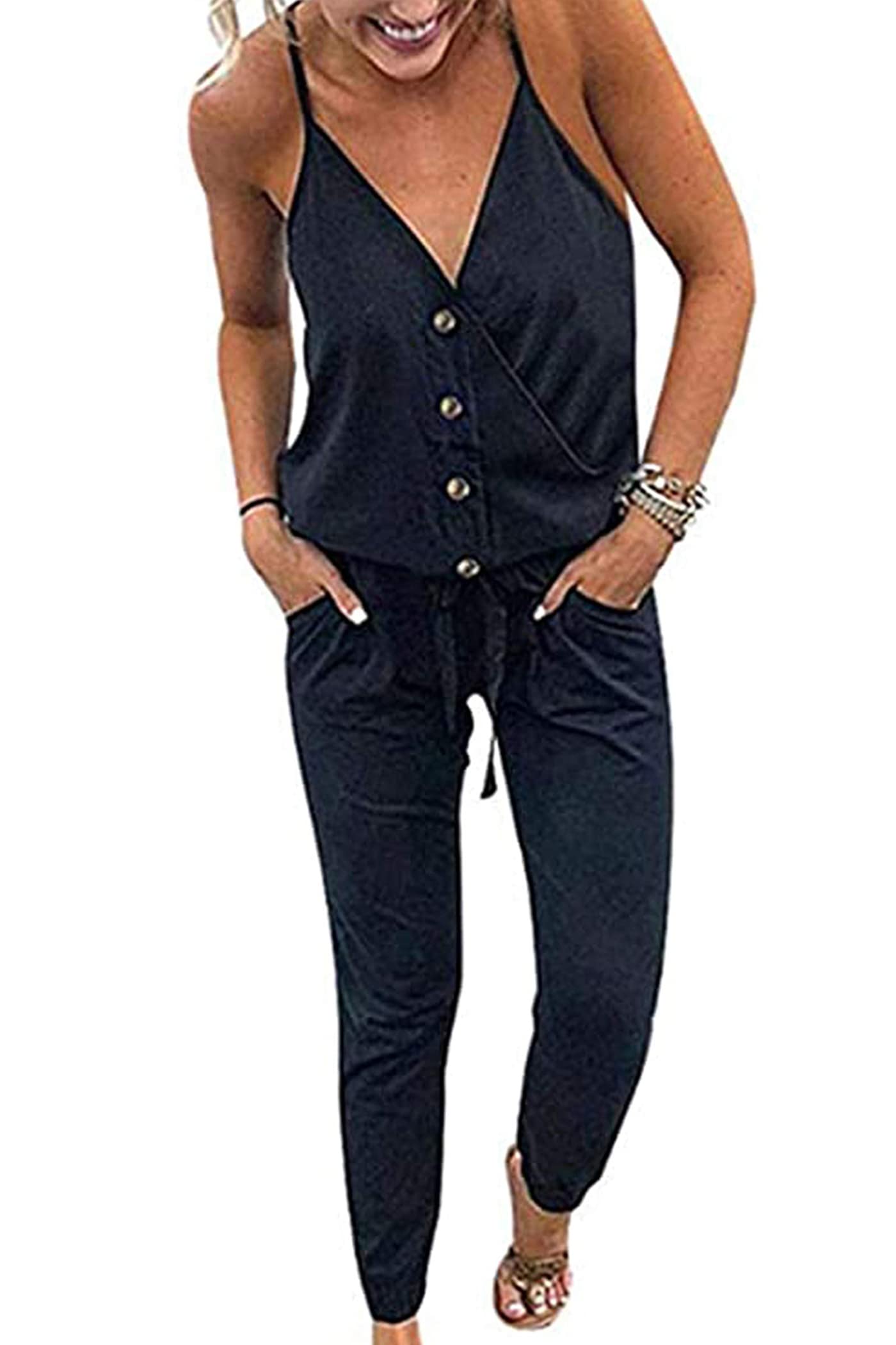 PRETTYGARDEN Women's Summer Casual Jumpsuit - Wrap V Neck Sleeveless Romper with Pockets | Lightweight One Piece Outfit for Beach, Vacation & Everyday Wear