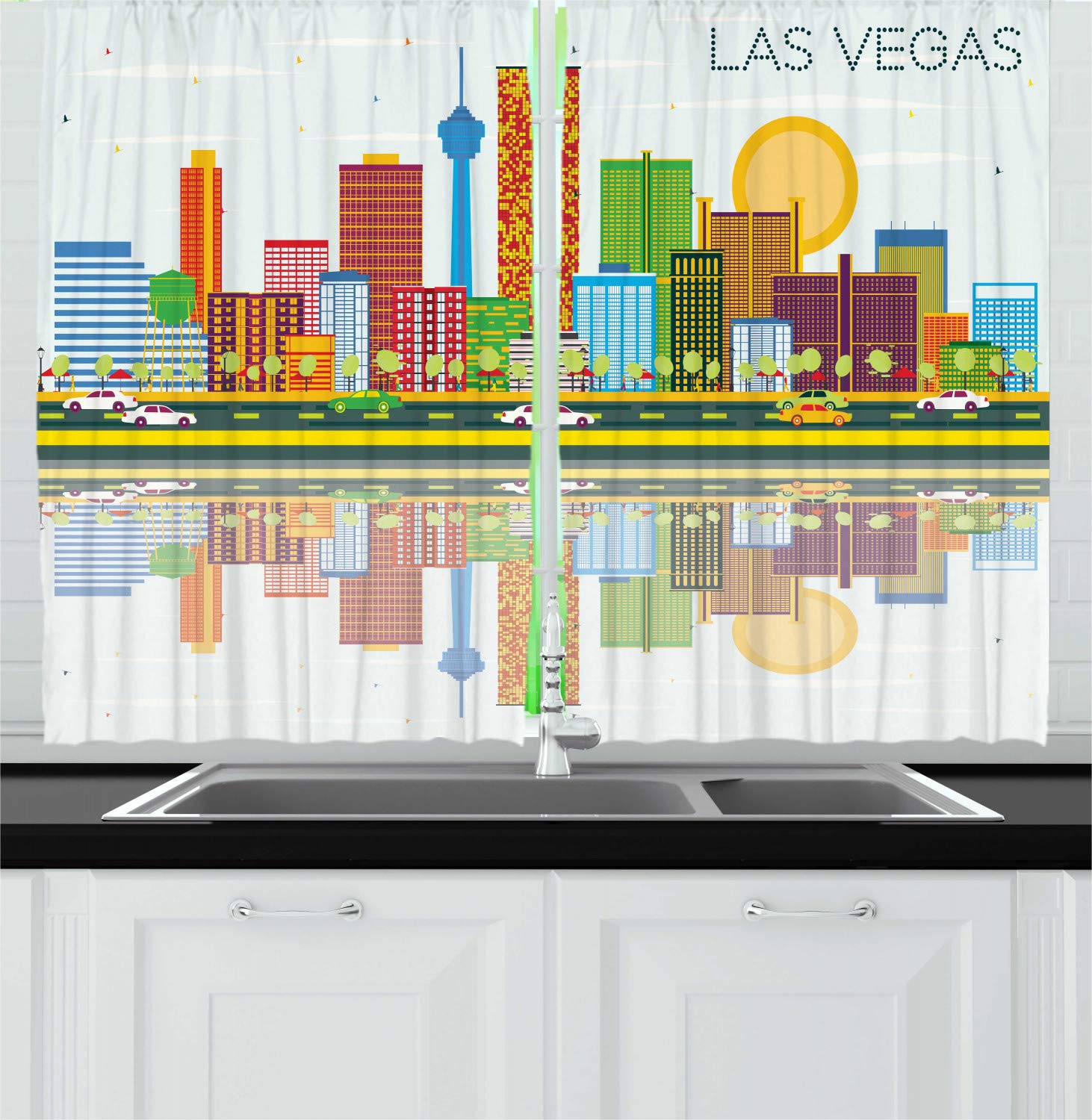 Ambesonne Las Vegas Kitchen Curtains - Cartoonish Nevada City Skyline with Modern Architecture, 2 Panel Set for Window Drapes, 55