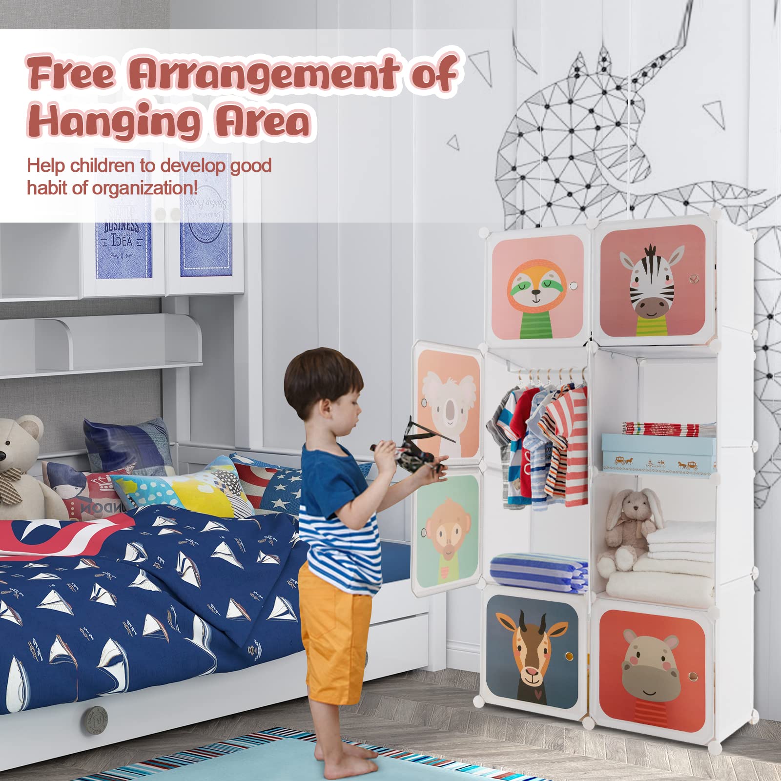 Costzon Kids Closet Organizer - 8-Cube DIY Modular Dresser with Clothes Hanging Rack, Portable Wardrobe for Toddlers & Children, White Nursery Storage Solution for Bedroom & Playroom Organization