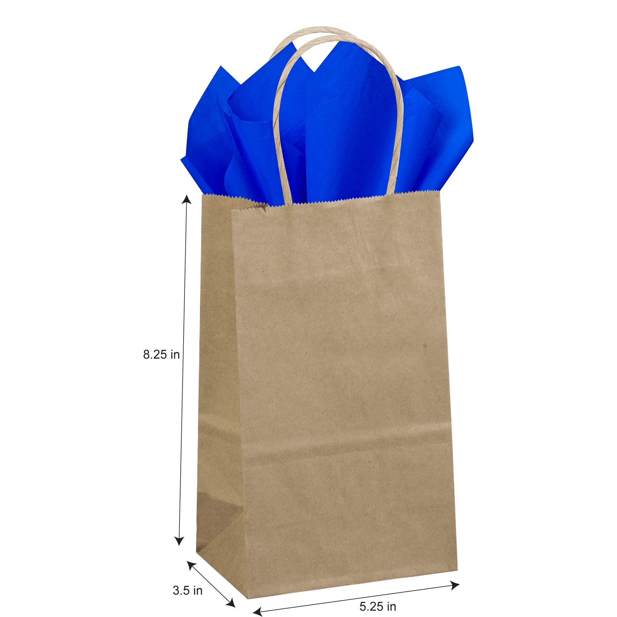 Flexicore Packaging® 50-Pack Eco-Friendly Brown Kraft Paper Gift Bags & 100-Sheet Royal Blue Tissue Paper Set - Perfect for Birthday, Wedding, Baby Shower Gifts & Party Favors