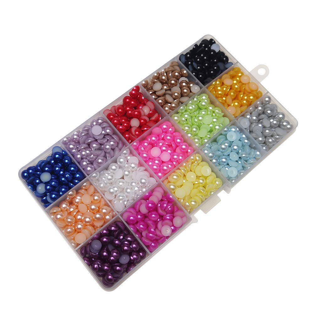 1800pcs 15 Colors 7mm Flat Back Half Pearl Beads for Scrapbooking, DIY Jewelry Making, Card Decorations - Assorted Imitation Pearls with Plastic Storage Box (Great for Crafting, Home Decor & Gift Projects)