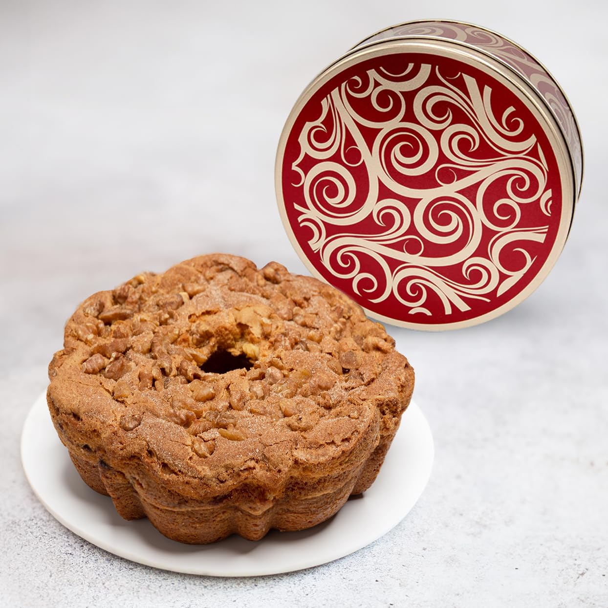 Traditional Cinnamon Walnut Cake in Golden Swirl Gift Tin - Homemade Spiced Dessert for Holidays, Birthdays & Tea Parties | Perfect Gift for Christmas, Thanksgiving & Special Occasions