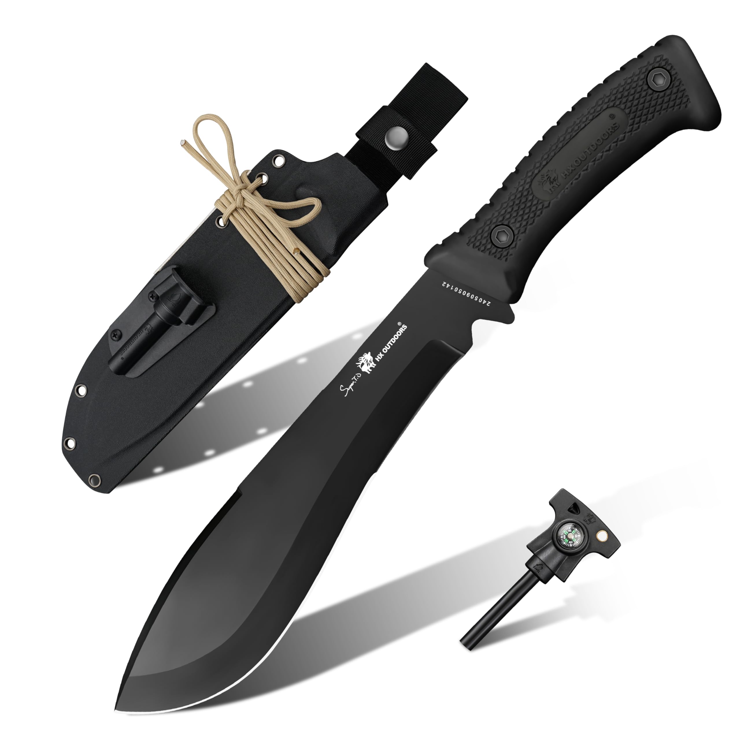 HX Outdoors 14 Inch D2 Steel Bush Machete Kukri Knife - Full Tang Survival Knife with Kydex Sheath for Gardening, Camping, Hiking & Brush Clearing | Heavy Duty Outdoor Tool for Wilderness Survival & Yard Work (Black)