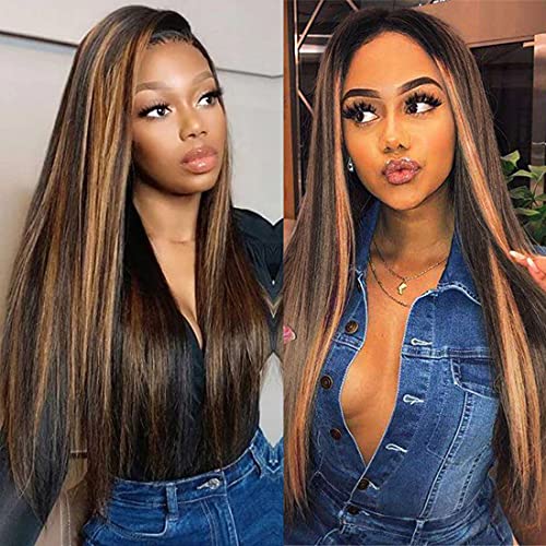Long Straight Ombre Brown Wig with Middle Part - Natural Looking Synthetic Hair for Daily Wear & Cosplay
