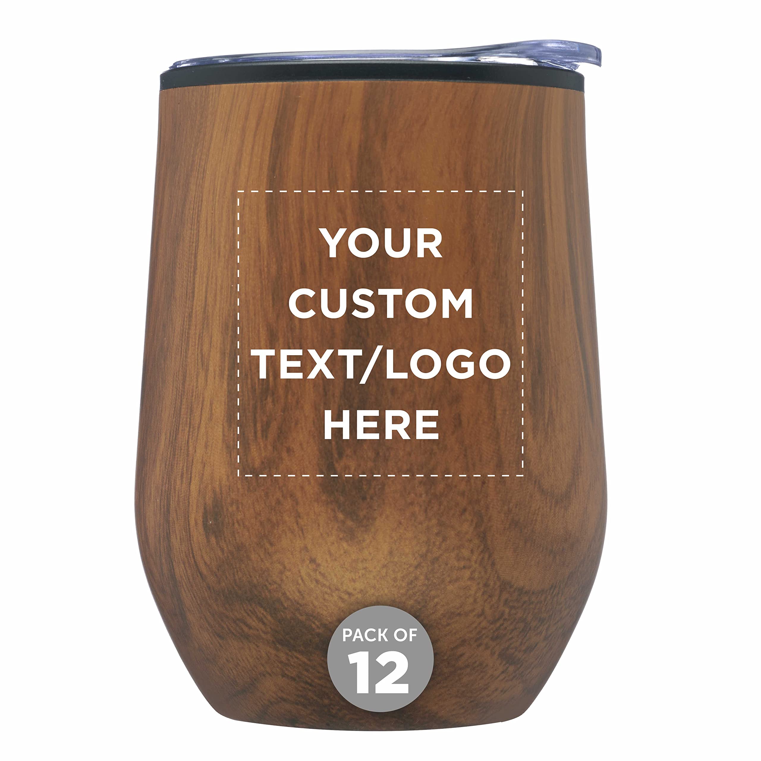 12-Pack Personalized Palmera Stemless Wine Tumblers with Lids - 12oz Insulated Glasses for Wine, Cocktails & Beverages | Custom Wood Design for Parties, Weddings & Home Entertaining