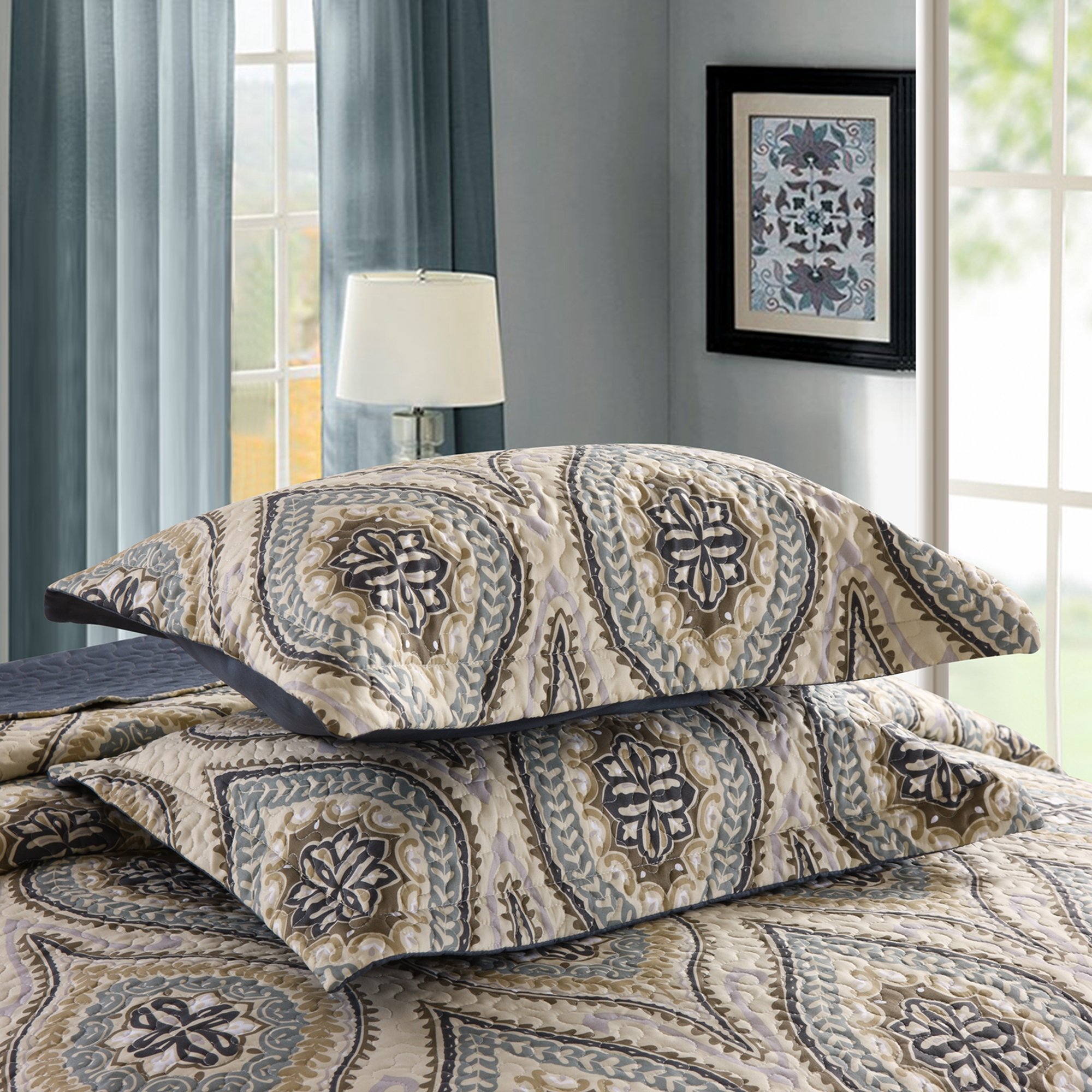 MarCielo 3-Piece Queen Size Quilted Bedspread Set - Lightweight Oversized Printed Quilt Coverlet & Throw Blanket in Dark Grey (Joni Design) | Perfect for Bedroom Decor, Guest Room, and Cozy Home Styling