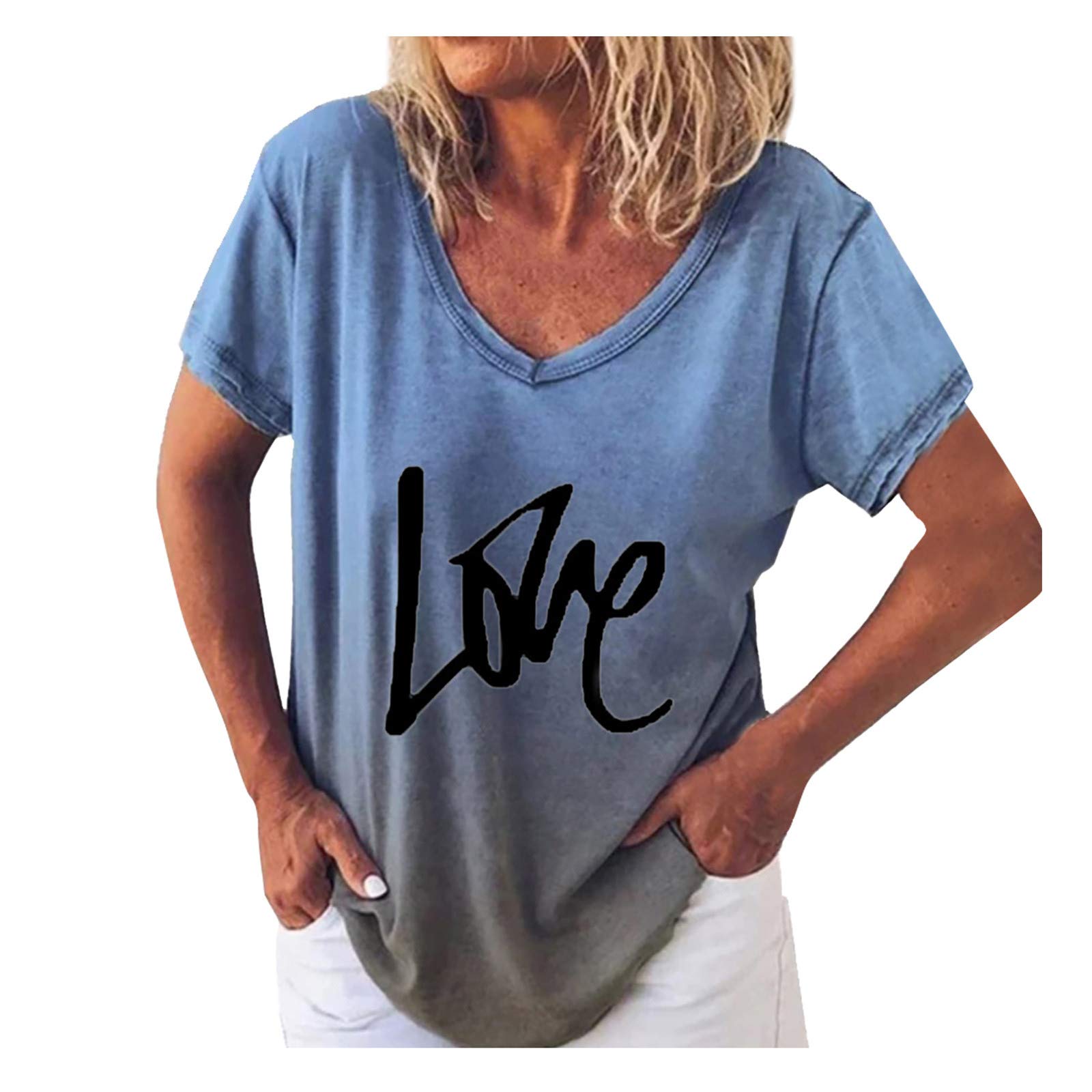 Women's Short Sleeve Rainbow Gradient Graphic V-Neck T-Shirt - Casual Loose Fit Blouse for Summer, Streetwear & Everyday Wear