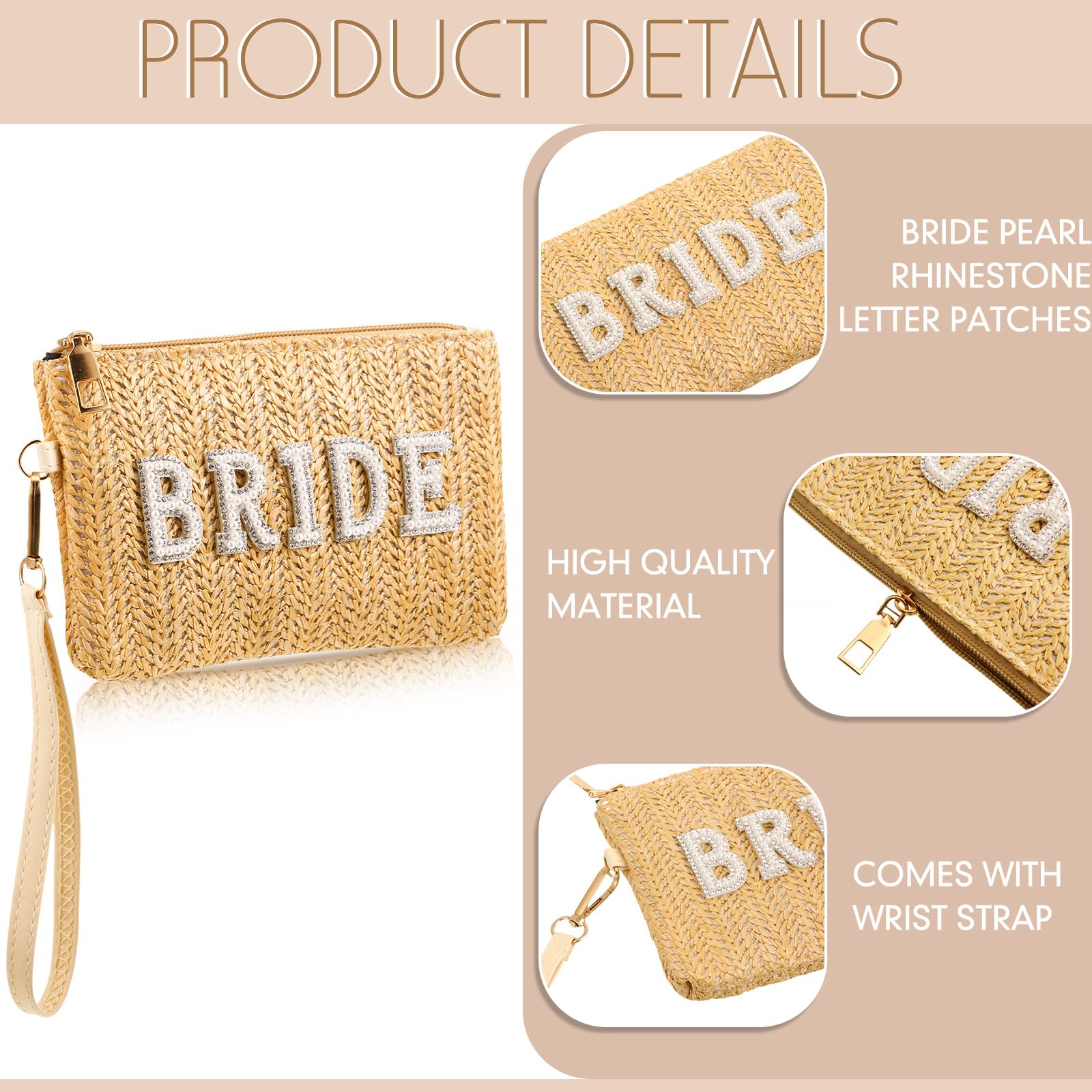 Elegant Pearl Rhinestone Wedding Straw Clutch Purse for Women - Bohemian Bridal Handbag with Wristlet Strap, Perfect for Honeymoon, Beach Weddings & Boho Bridal Accessories