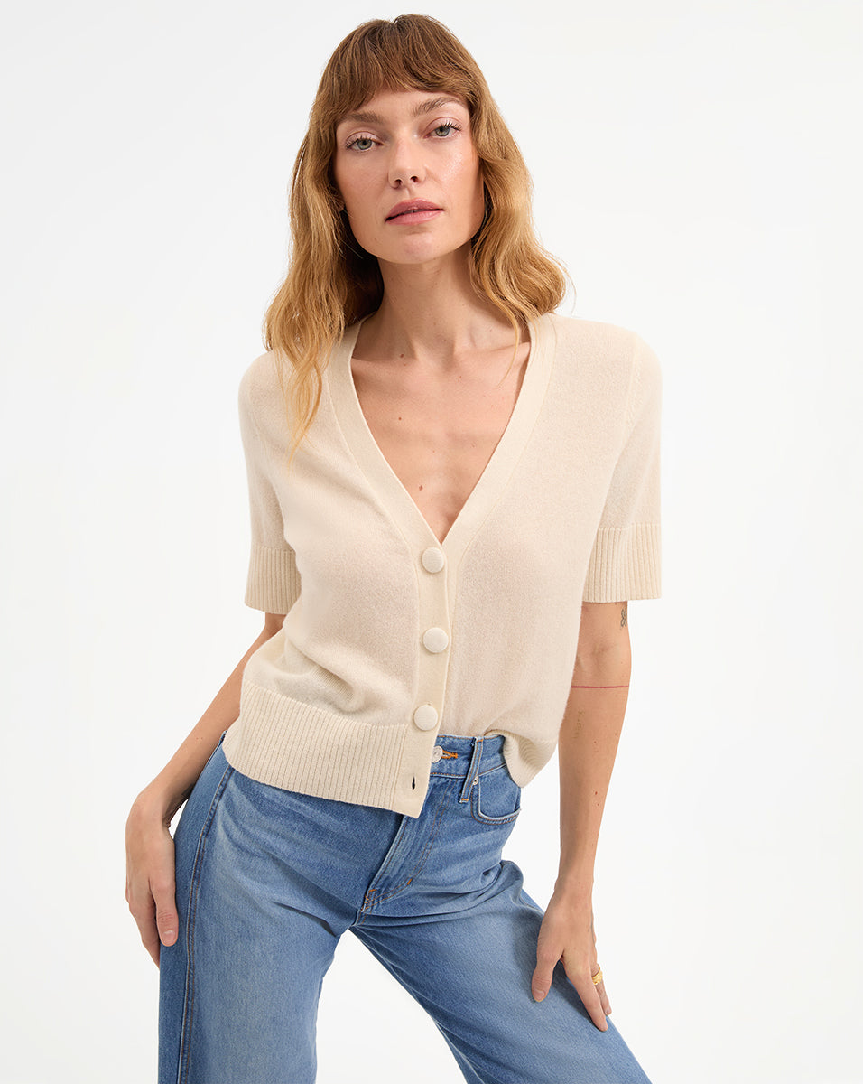 Solene Women's Short Sleeve Cashmere Cardigan Sweater - Soft Luxurious Knitwear for Office, Date Night & Casual Outfits