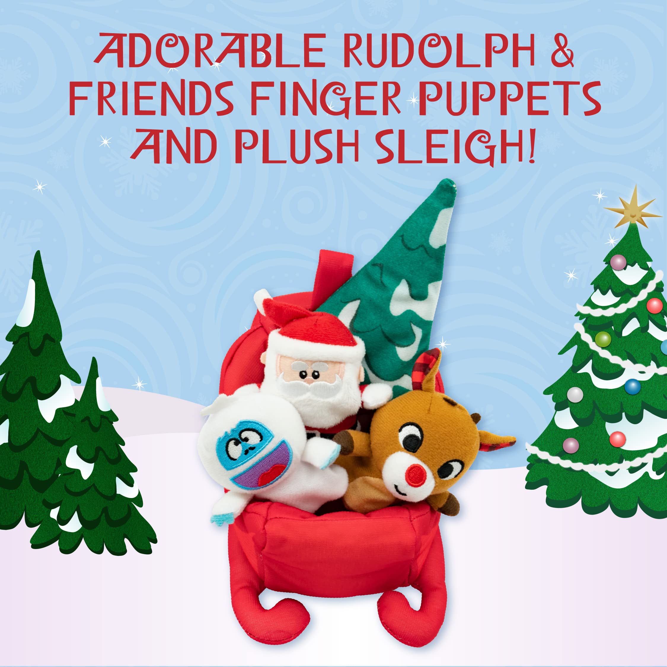 KIDS PREFERRED Christmas Rudolph The Red-Nosed Reindeer Finger Puppet Playset with Sleigh - 5 Piece Holiday Plush Toy Set for Toddlers (23133) | Fun Christmas Party Favors & Interactive Storytime Toys for Kids