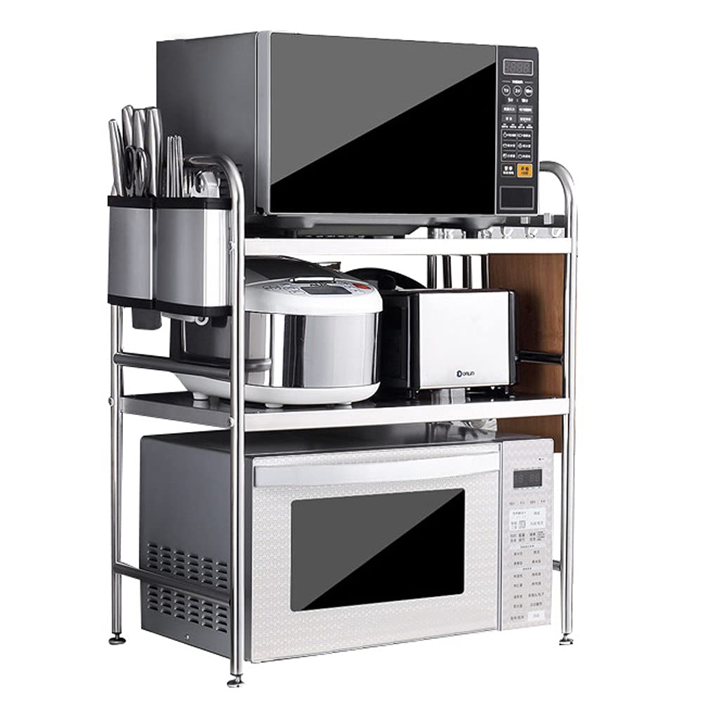 304 Stainless Steel Microwave Oven Rack - 2/3-Tier Adjustable Kitchen Counter Shelf Organizer with 3 Hooks - Durable Metal Microwave Stand for Small Spaces, Pantry & Countertop Organization (Perfect for Apartments, Dorms & Compact Kitchens)