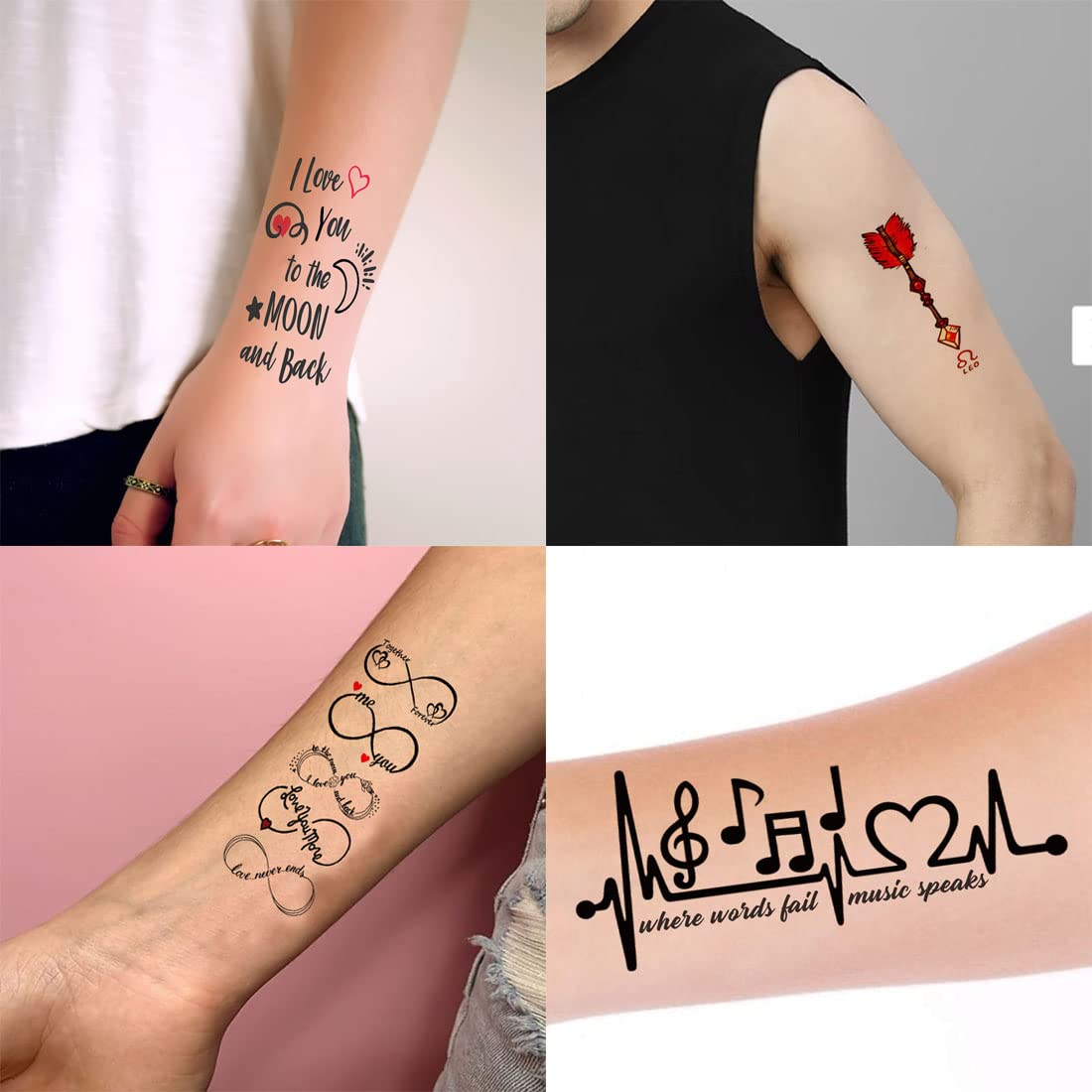 Premium Temporary TattooWala Line Art Infinity Designs - Pack of 4 Waterproof Body Stickers for Men & Women (2x4 Inch) - Perfect for Festivals, Parties & Self-Expression