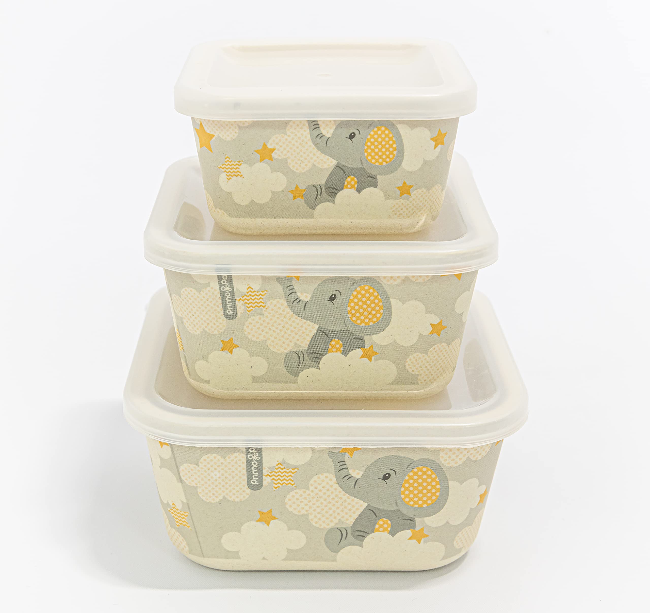 Primo Passi 3-Piece Bamboo Food Storage Containers Set with Lids | Eco-Friendly Kids Lunch Boxes | Microwave, Freezer & Dishwasher Safe Meal Prep Containers for School, Picnics & Travel (Elephant Design)