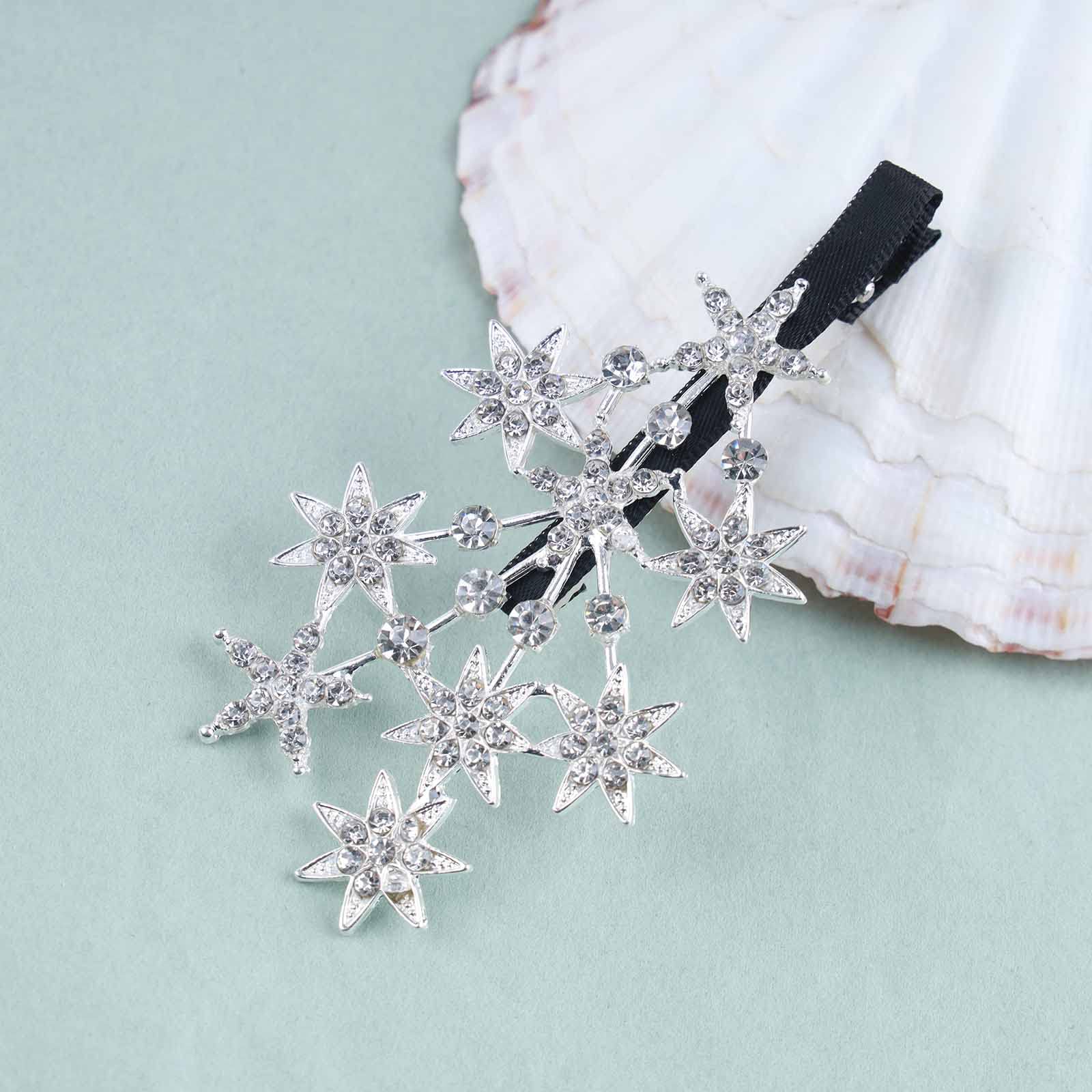 Dervivea Boho Sparkly Crystal Star Hair Clip - Silver Rhinestone Hair Barrette with CZ Cluster for Women & Girls - Perfect for Weddings, Parties & Everyday Glam Accessories