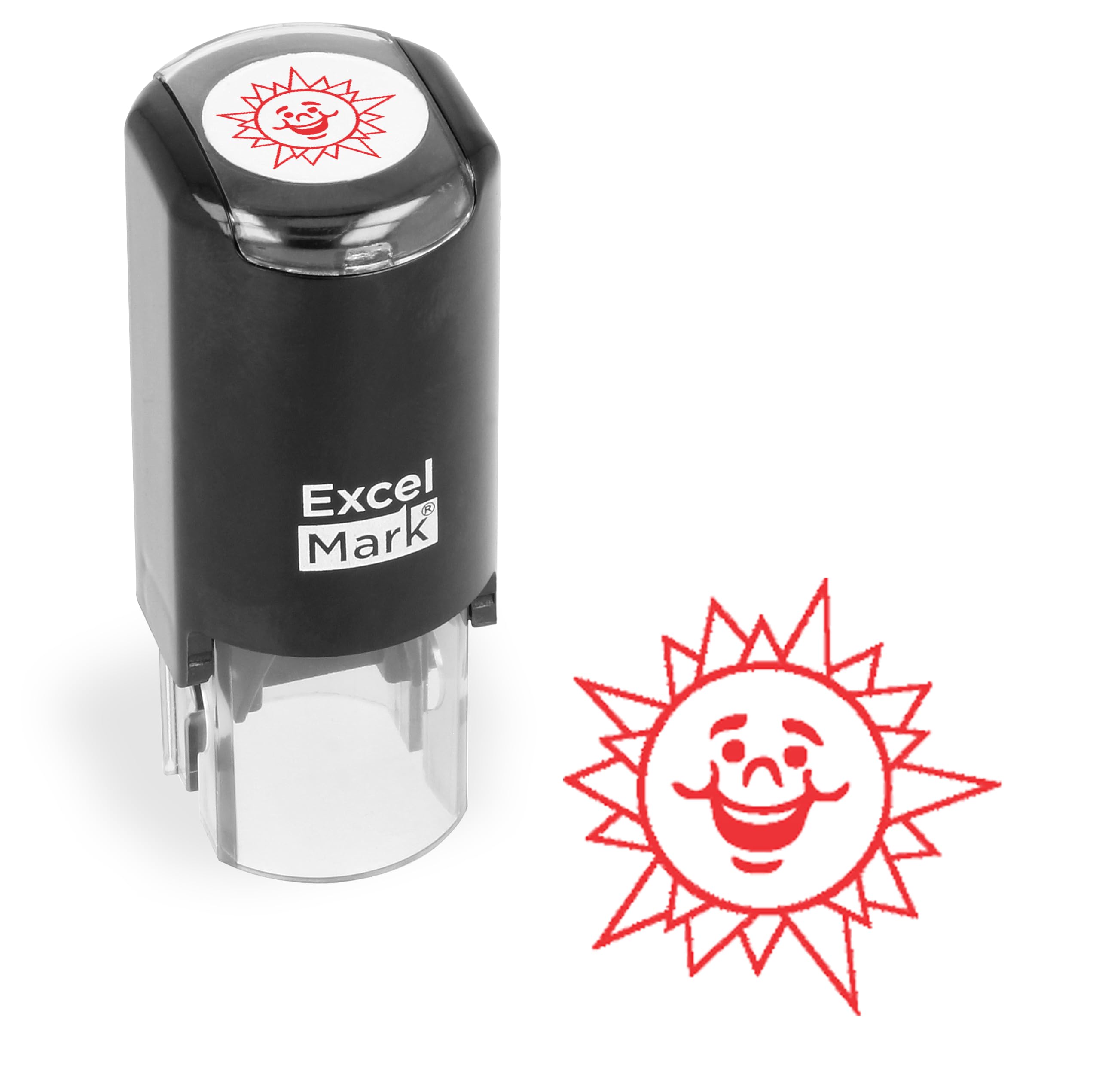ExcelMark Round Teacher Stamp with Happy Sun Design - Self-Inking Red Ink Stamp for Grading Papers, Homework, and Classroom Rewards - Perfect for Teachers, Parents, and Homeschooling