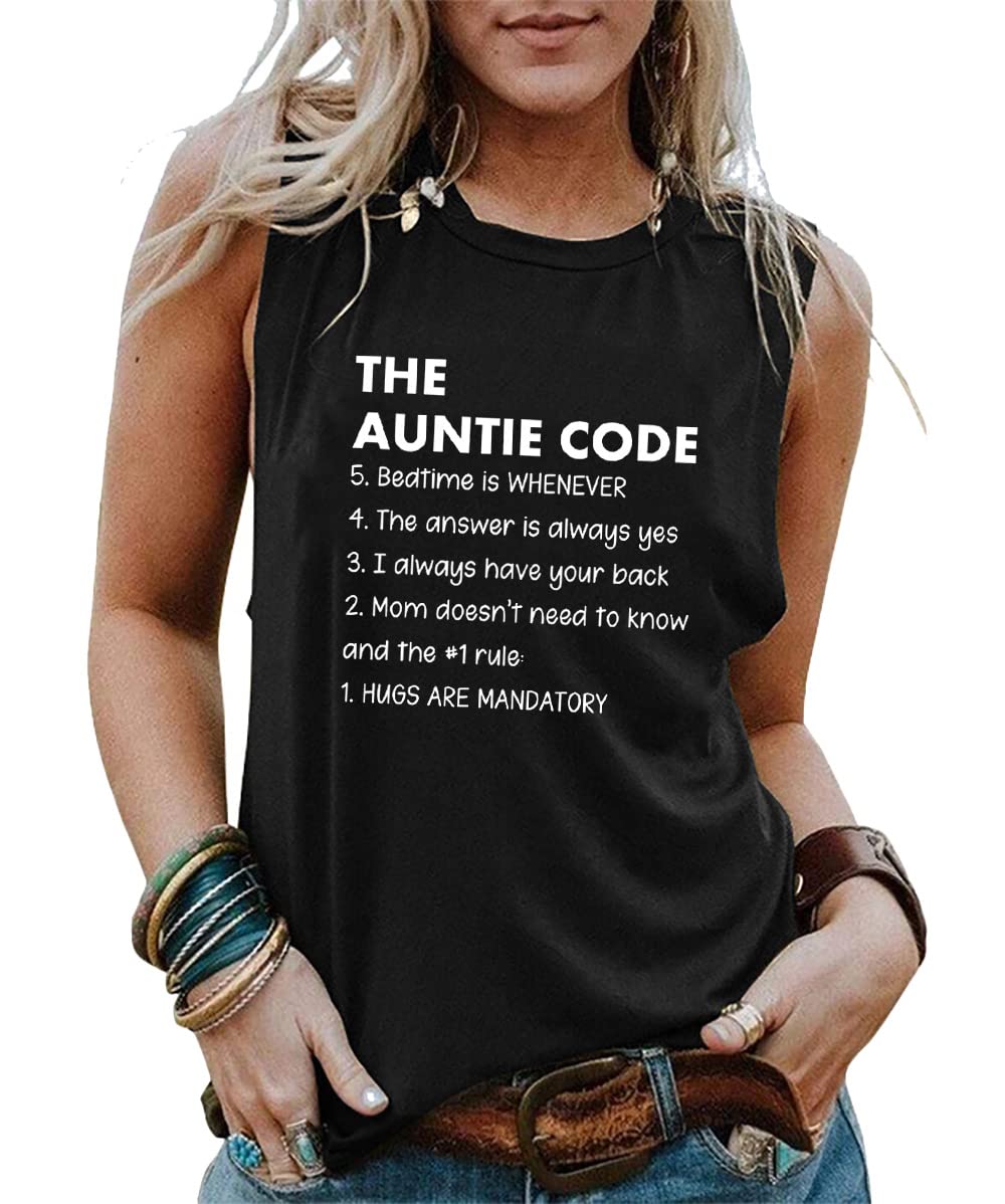 Funny Auntie Code Shirts for Women - Casual Sleeveless Tank Tops with Humorous Aunt Sayings - Perfect Gift for Aunts - Great for Family Gatherings & Birthday Parties