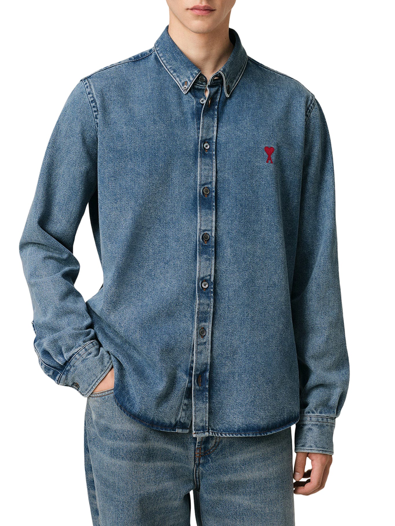 Blue Denim Button Down Ami De Coeur Shirt for Men - Stylish Casual Wear for Everyday Outfits & Date Nights
