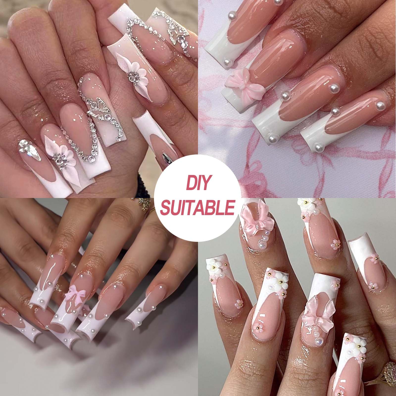 120 Pcs French Tip Press On Nails - Long Square Fake Nails with White Tips, Full Cover Acrylic Glue On Nails & Coffin Style - Includes Adhesive Tabs for Easy Application (12 Sizes) - Perfect for Salon-Quality Manicures at Home, Parties, Weddings & Special Occasions