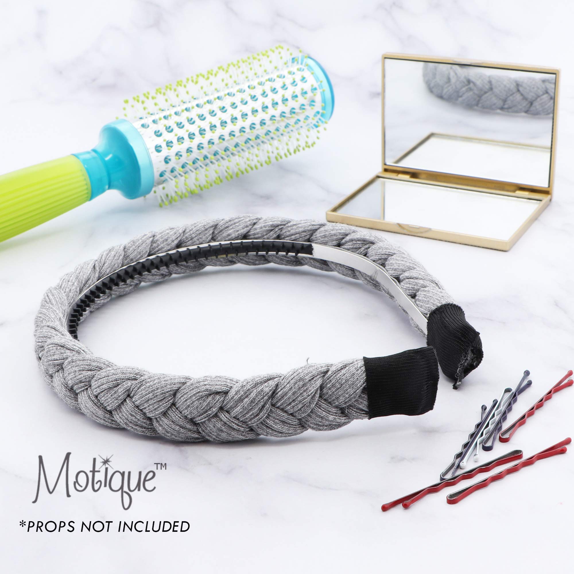 Motique 1/2 Inch Plait Braided Hard Headband - Light Grey Knit Hair Accessory for Women | Perfect for Workouts, Yoga & Everyday Style