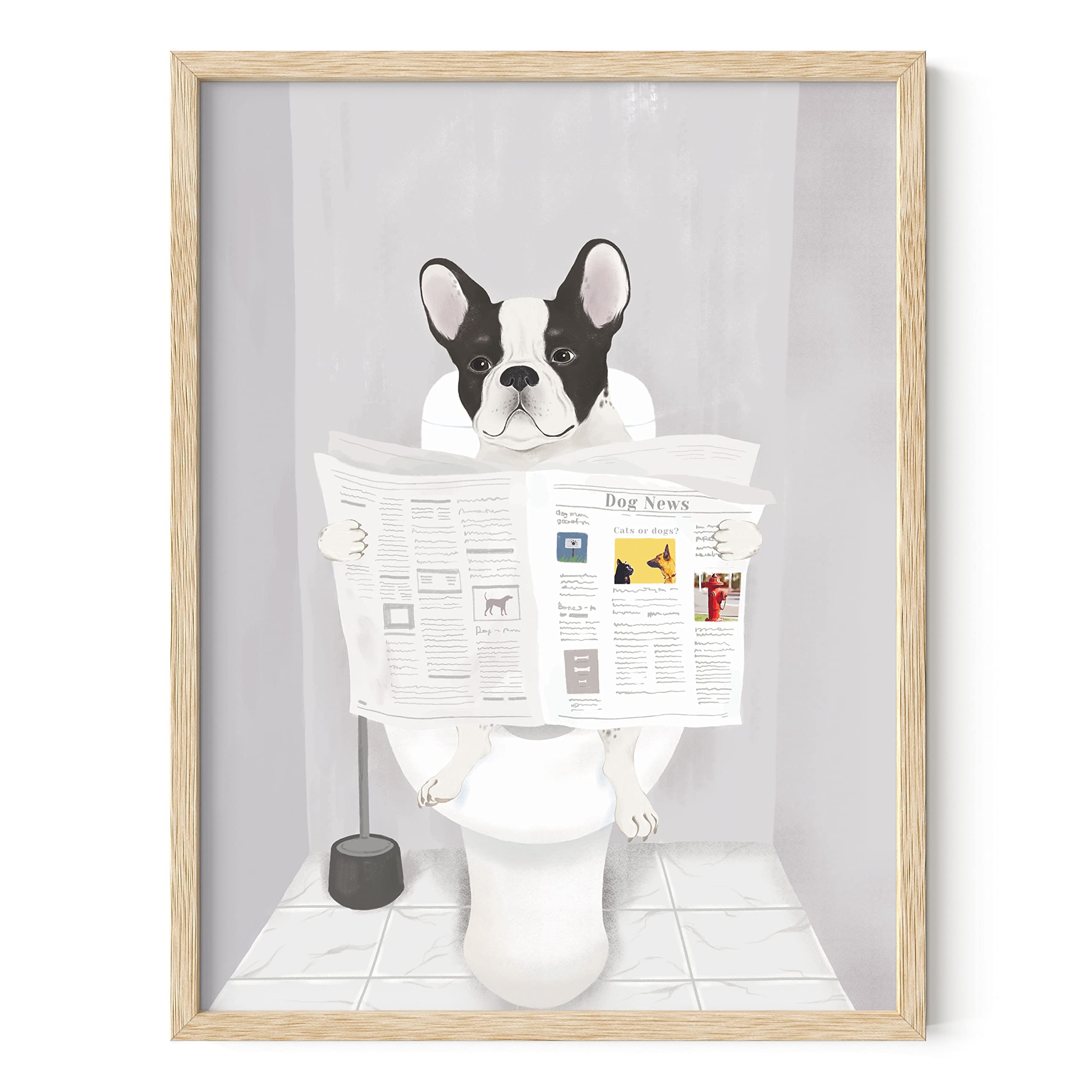 Funny Dog Bathroom Wall Art - French Bulldog Poster with Beige Frame (12x16) | Humorous Bathroom Decor for Pet Lovers, Perfect for Powder Rooms & Dog-Themed Home Decor