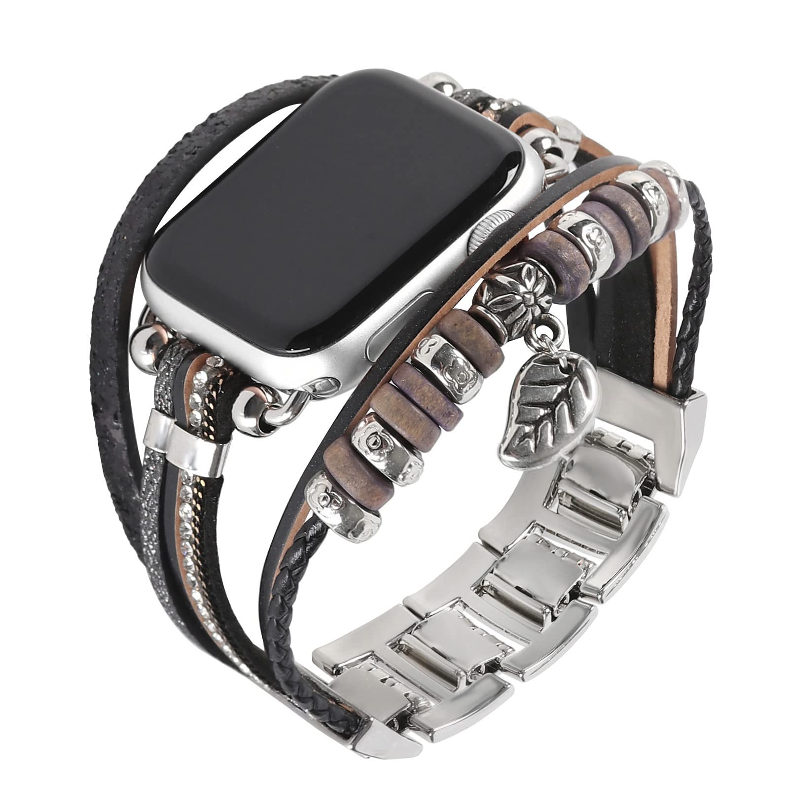 Premium Genuine Leather Apple Watch Bands for Women & Men - Compatible with 38mm 40mm 41mm iWatch Series SE/7/6/5/4/3/2/1 - Boho Glitter Bracelet Strap - Perfect for Workouts, Office & Casual Wear