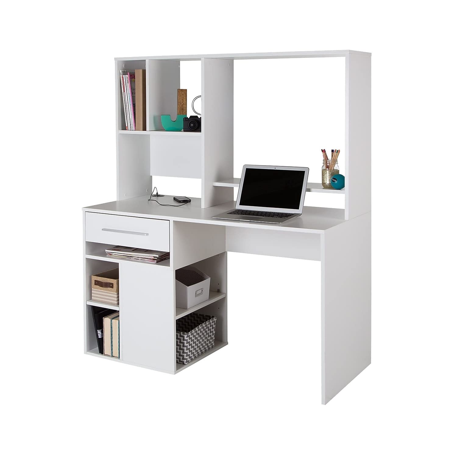 South Shore Narrow Home Office Computer Desk with Hutch, Pure White - Compact Space-Saving Workstation for Small Rooms, Apartments & Dorm Rooms