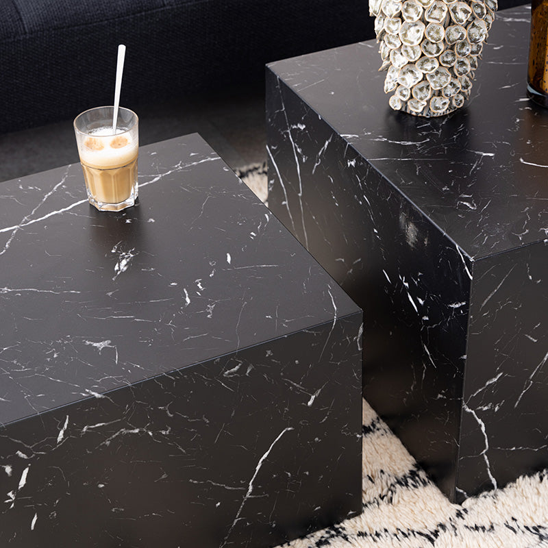 DICE Nest of 2 Square Coffee Tables - Black Marble Effect End Tables for Living Room, Modern Side Tables for Small Spaces, Perfect for Home Decor & Entertaining Guests