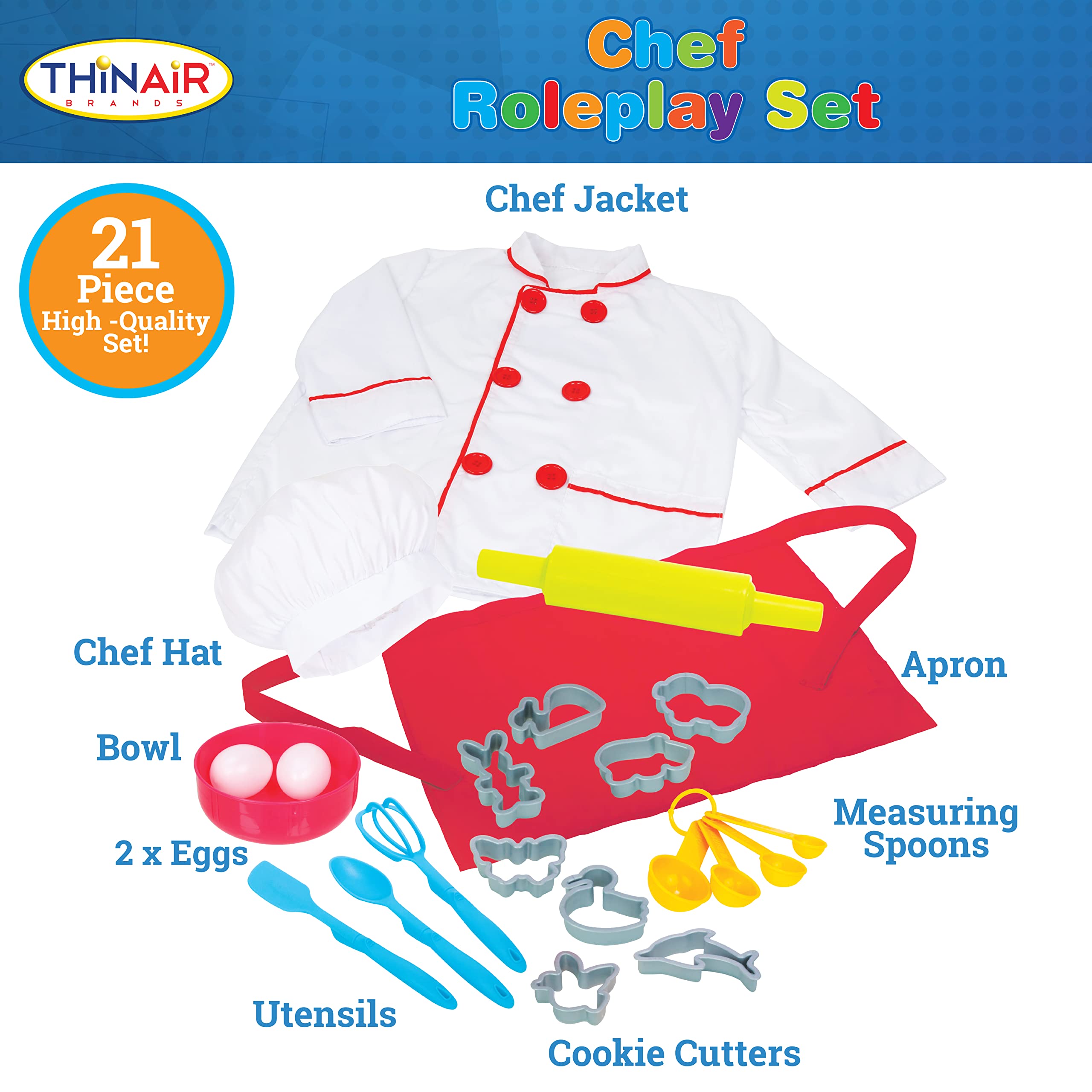 Dr. STEM Toys Chef Costume for Kids Ages 3-6 | 21-Piece Pretend Play Set with Chef Jacket, Hat, Apron, Cooking Utensils & Accessories | Perfect for Role Play, Birthday Gifts & STEM Learning Activities
