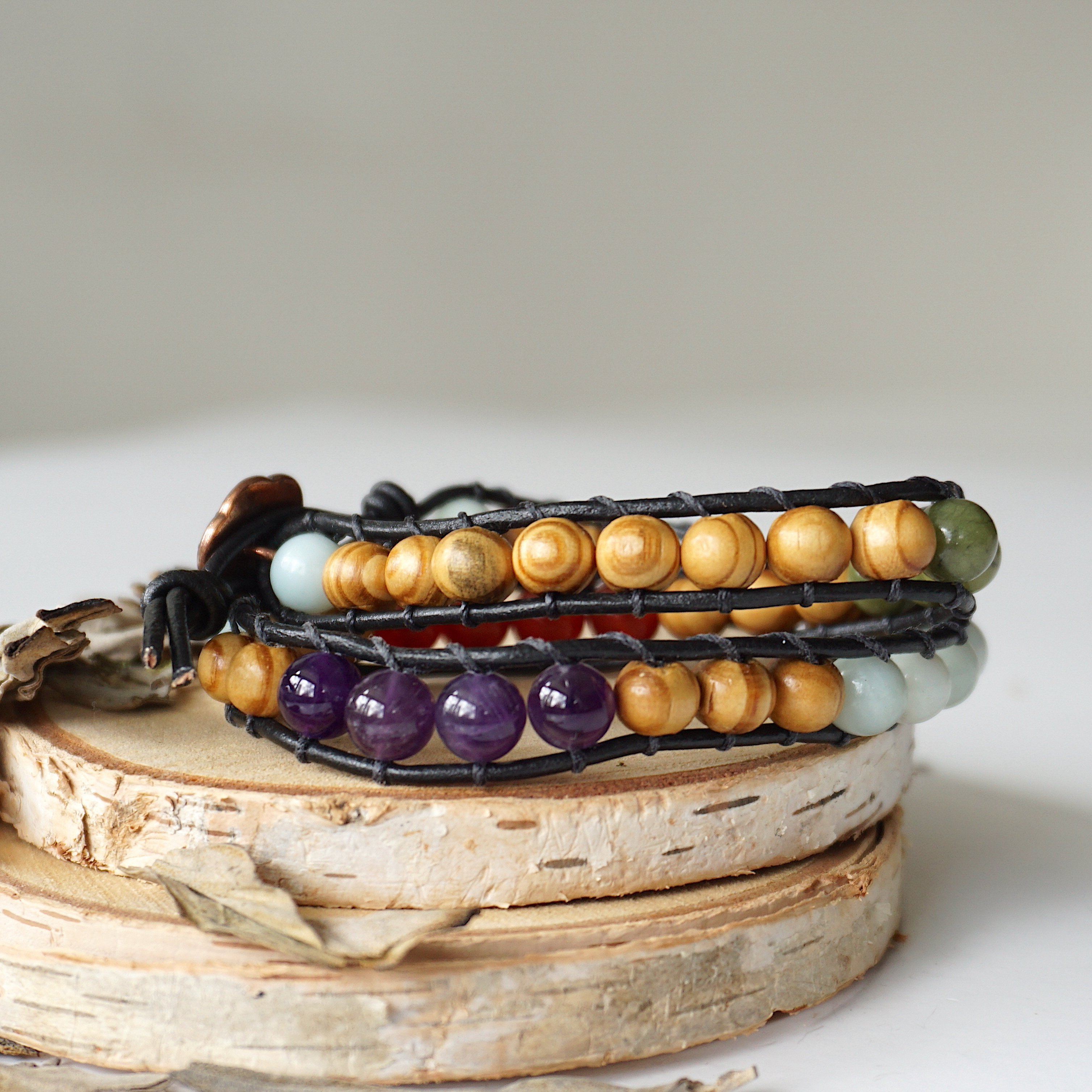 Stylish Mixed Crystal Wrap Bracelet with Natural Olive Wood Beads - Perfect for Boho Fashion, Yoga Accessories & Spiritual Healing Jewelry