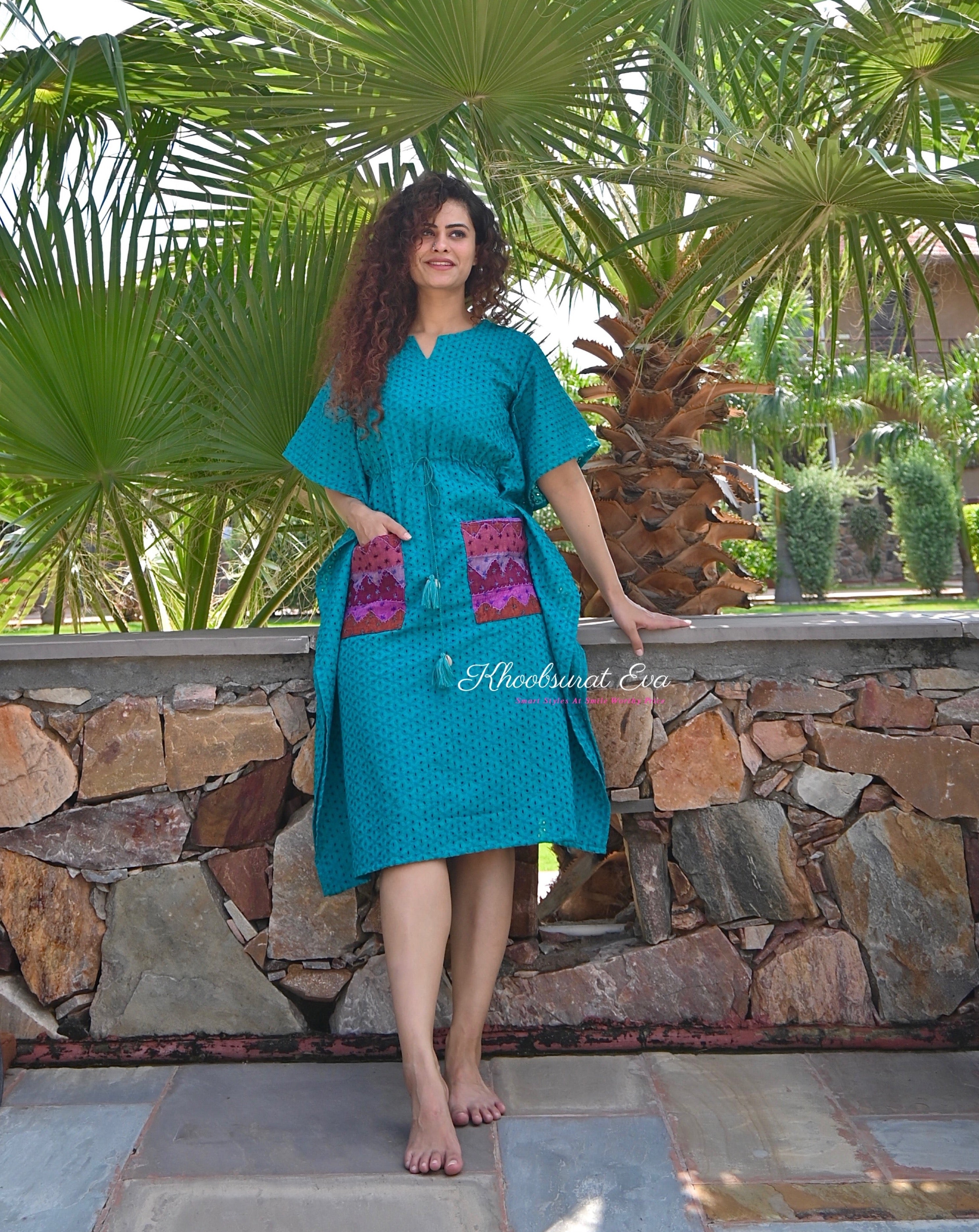 Exquisite Turquoise Chikankari Kaftan Dress for Women - Elegant Embroidered Long Maxi Dress - Perfect for Summer Beach, Boho Festival & Vacation Wear