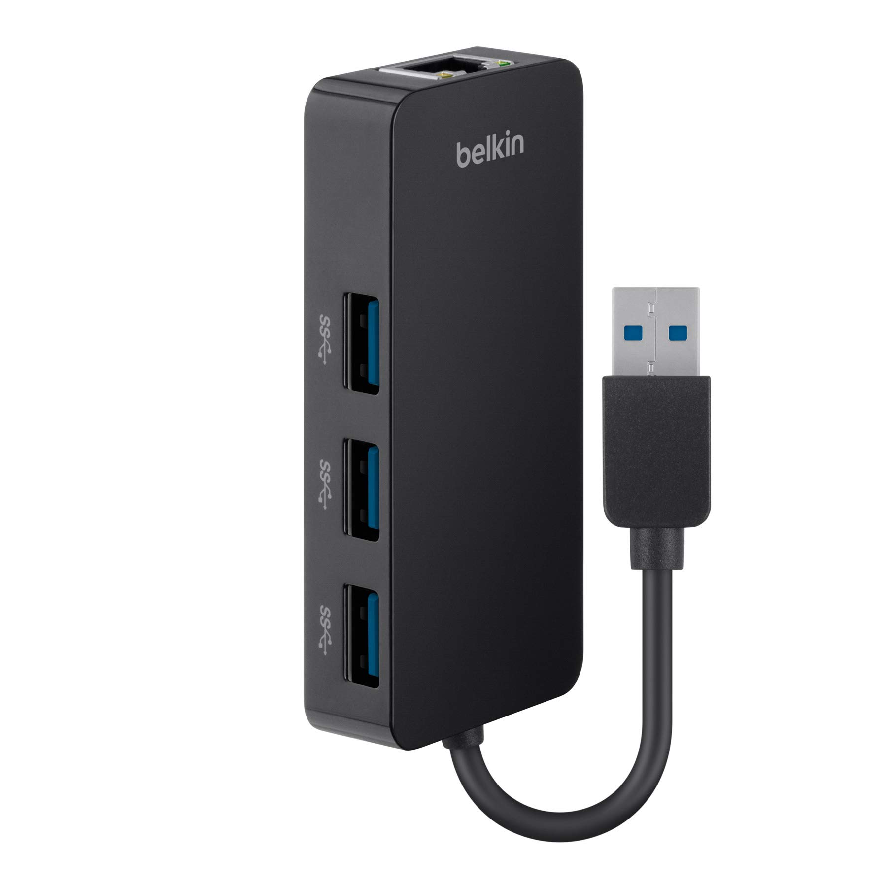 Belkin 3-Port USB 3.0 Hub with Gigabit Ethernet Adapter - High-Speed Data Transfer & Wired Network Connection - Compact USB Splitter for Laptop, Desktop, MacBook - Perfect for Home Office, Gaming & Remote Work (Black)